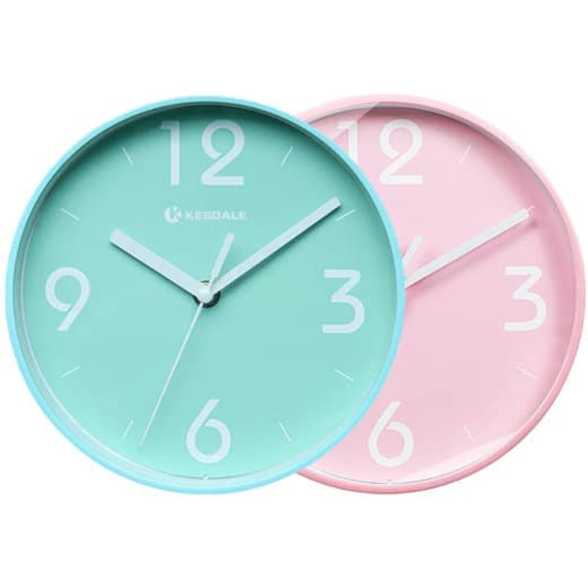 A set of two quartz wall clocks in pastel mint green and soft pink with simple numbers and hands, featuring a logo.