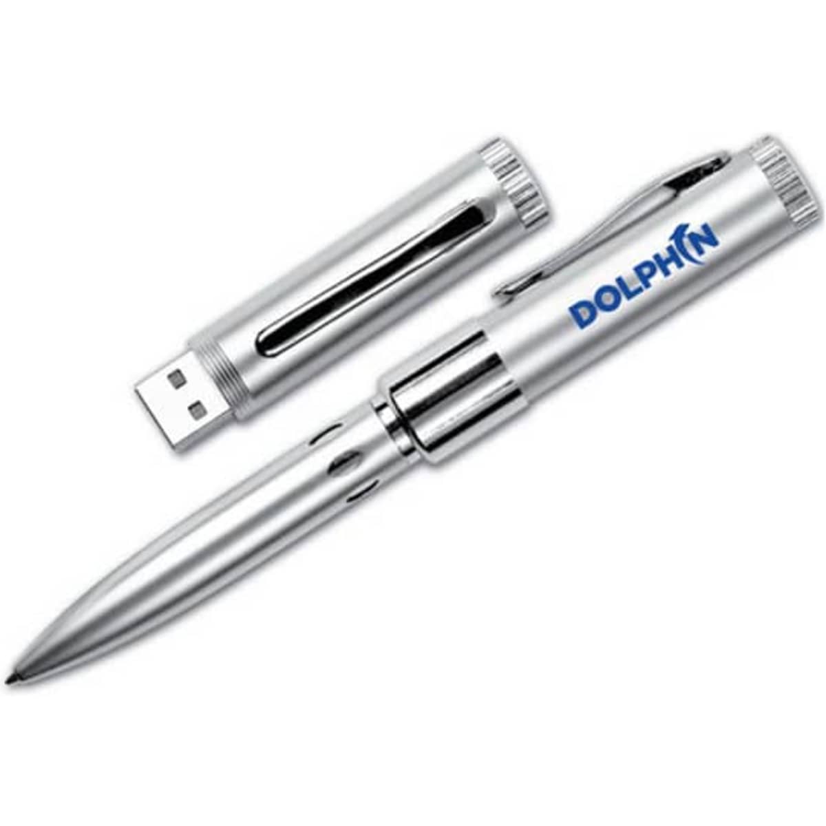 A silver multifunctional metal USB drive combined with a ballpoint pen, featuring a branding logo.