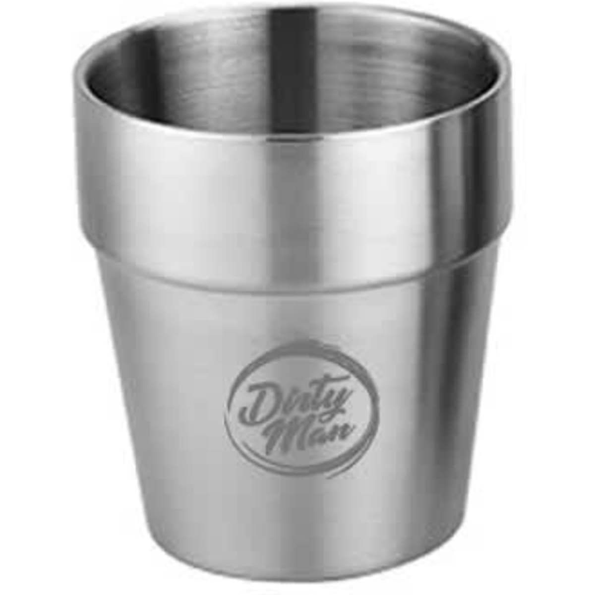 A drink bottle in a stainless steel double-layer design, featuring a smooth metallic finish and a logo.