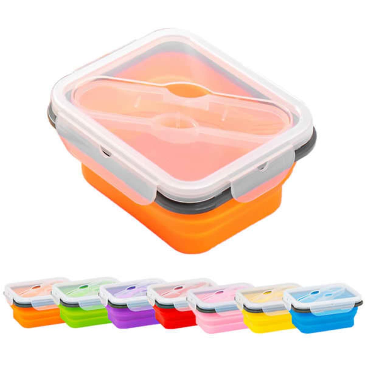 A collapsible lunch box in vibrant colours, featuring a transparent lid and an integrated tableware compartment.