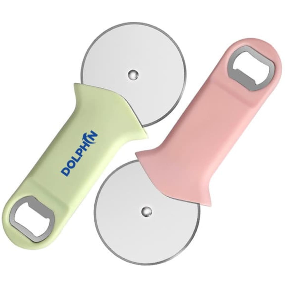 A drink bottle opener and pizza cutter in pastel green and pink, featuring a logo.