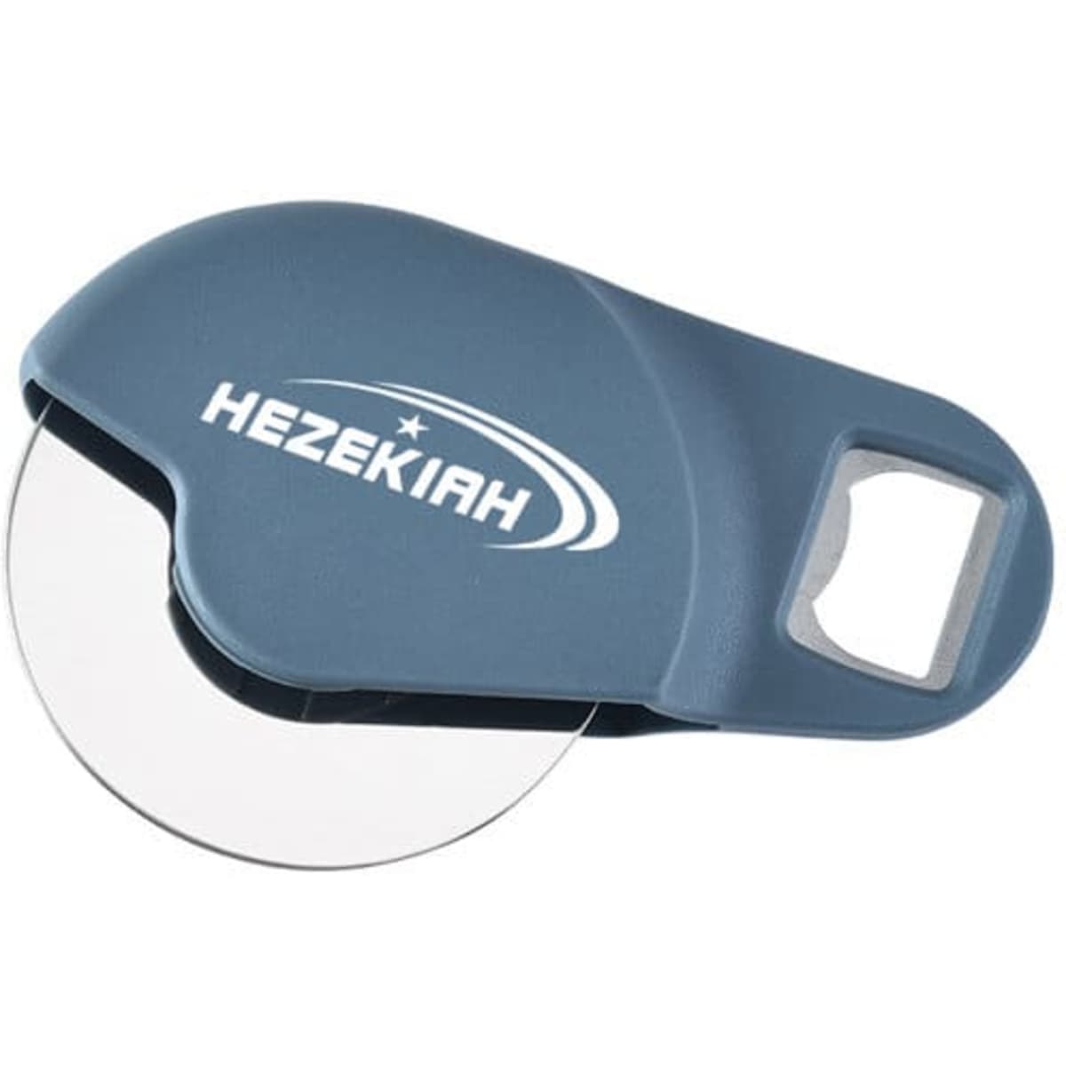 A blue round pizza cutter with a built-in bottle opener and a logo.