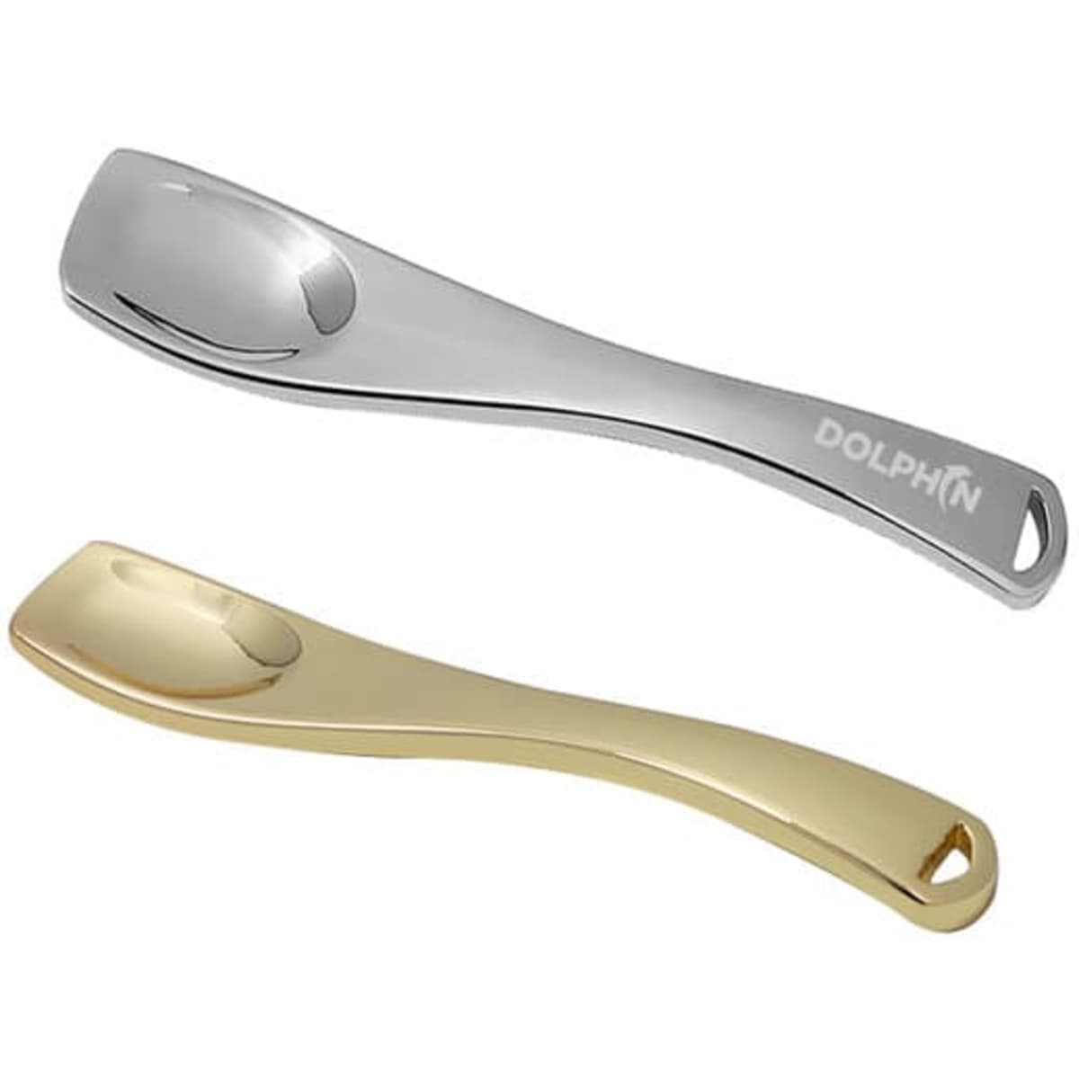 Two mini metal makeup spatulas, one in silver and one in gold, featuring a logo on the silver spatula.