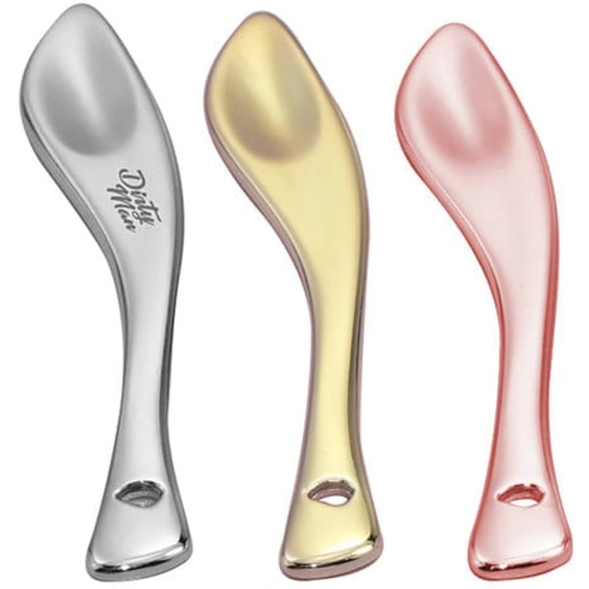 A set of three zinc alloy makeup spatulas in silver, gold, and rose gold, each with a smooth, curved design.