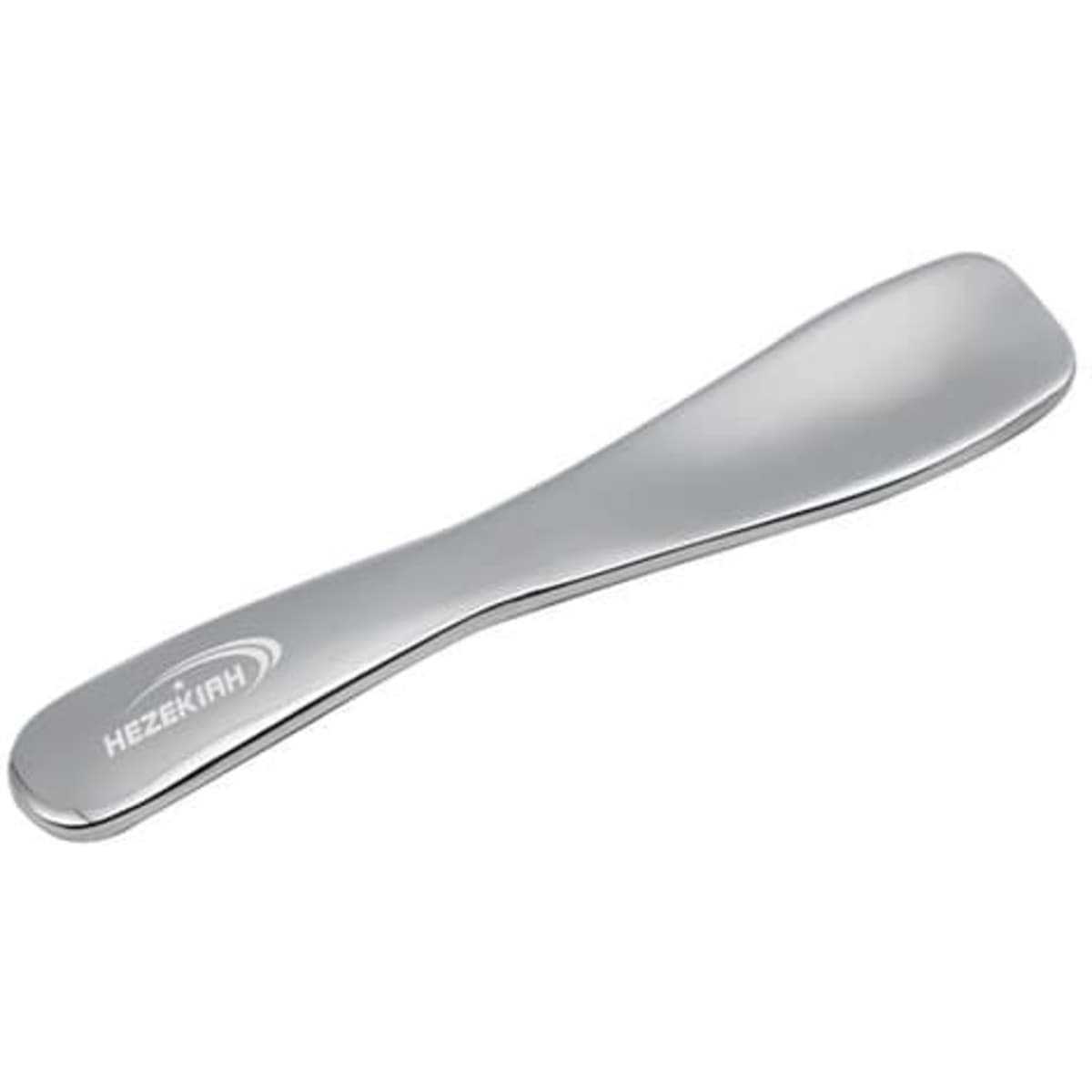 A stainless steel mini spoon with a sleek, shiny finish and a logo. Ideal for beauty products.