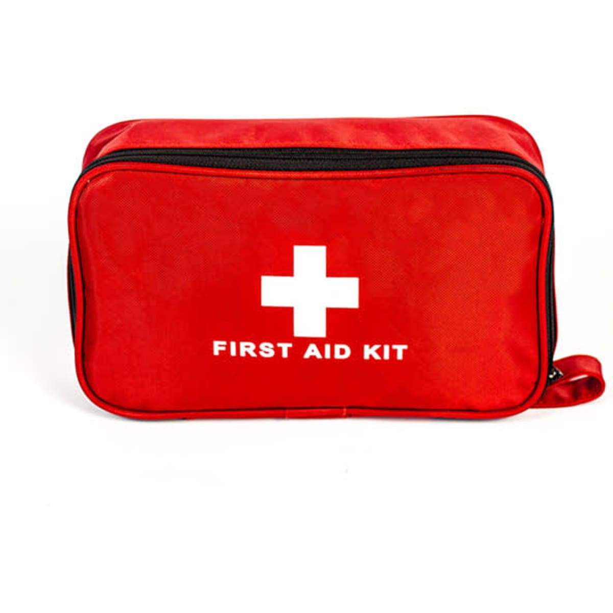 A red first aid kit bag with a white cross and "FIRST AID KIT" displayed prominently.