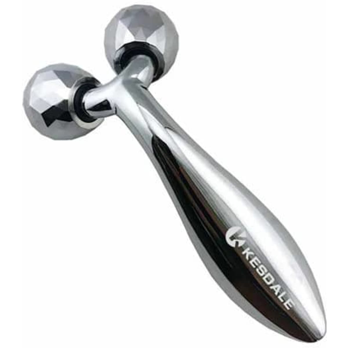 A silver 3D roller face massager featuring two faceted rollers and a sleek handle, with a branding logo.