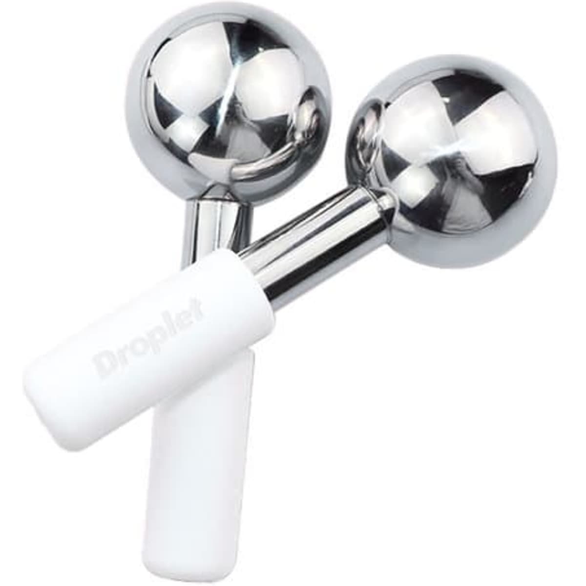 Stainless steel facial ice globes with shiny silver heads and white handles. The product features a logo on one handle.