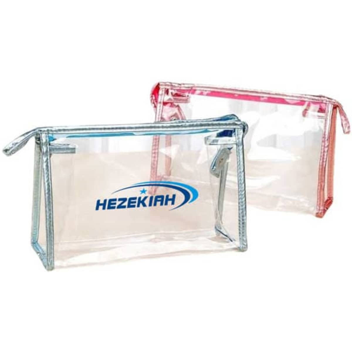 Clear PVC travel zipper cosmetic bags in pink and silver, featuring a logo on the front of each bag.