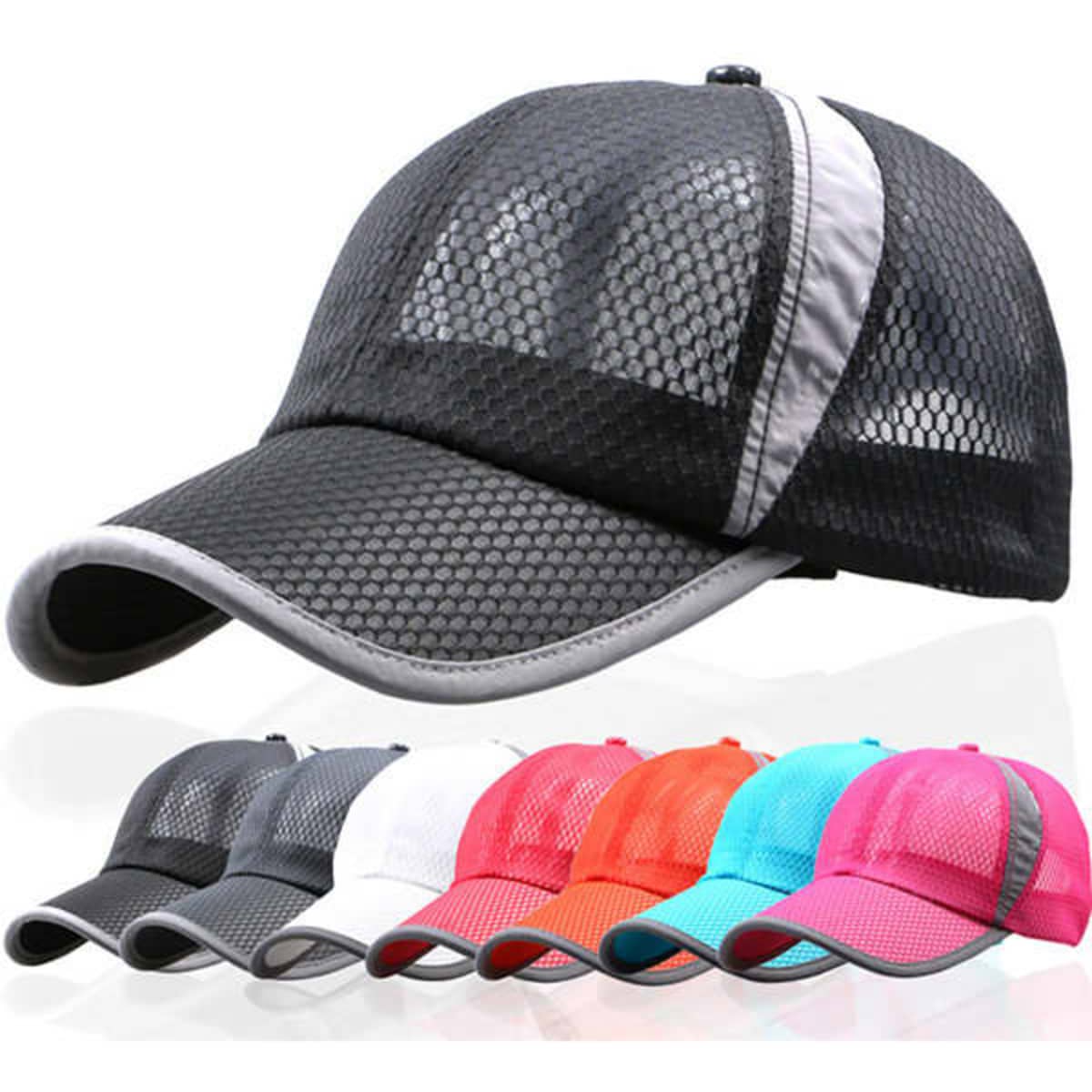 A breathable mesh sports cap in black with grey accents, alongside caps in red, pink, white, and blue. Features a logo.