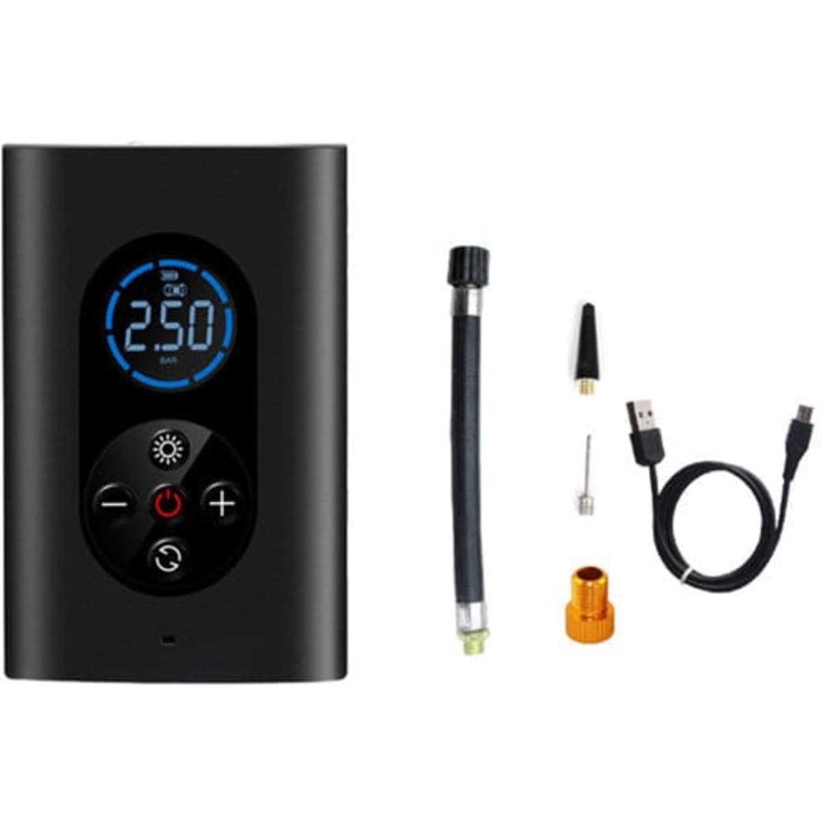 A black wireless inflator air pump with a digital display, a hose, and charging cable. Includes various attachments.