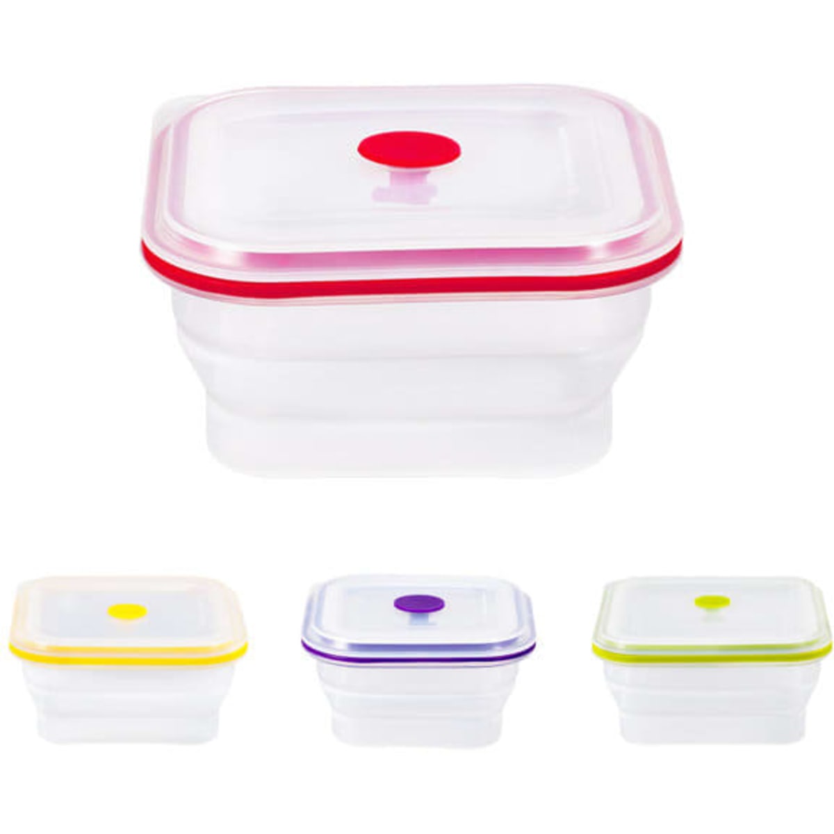 A set of silicone collapsible food storage containers in assorted colours, featuring clear bodies and colourful lids with a logo.