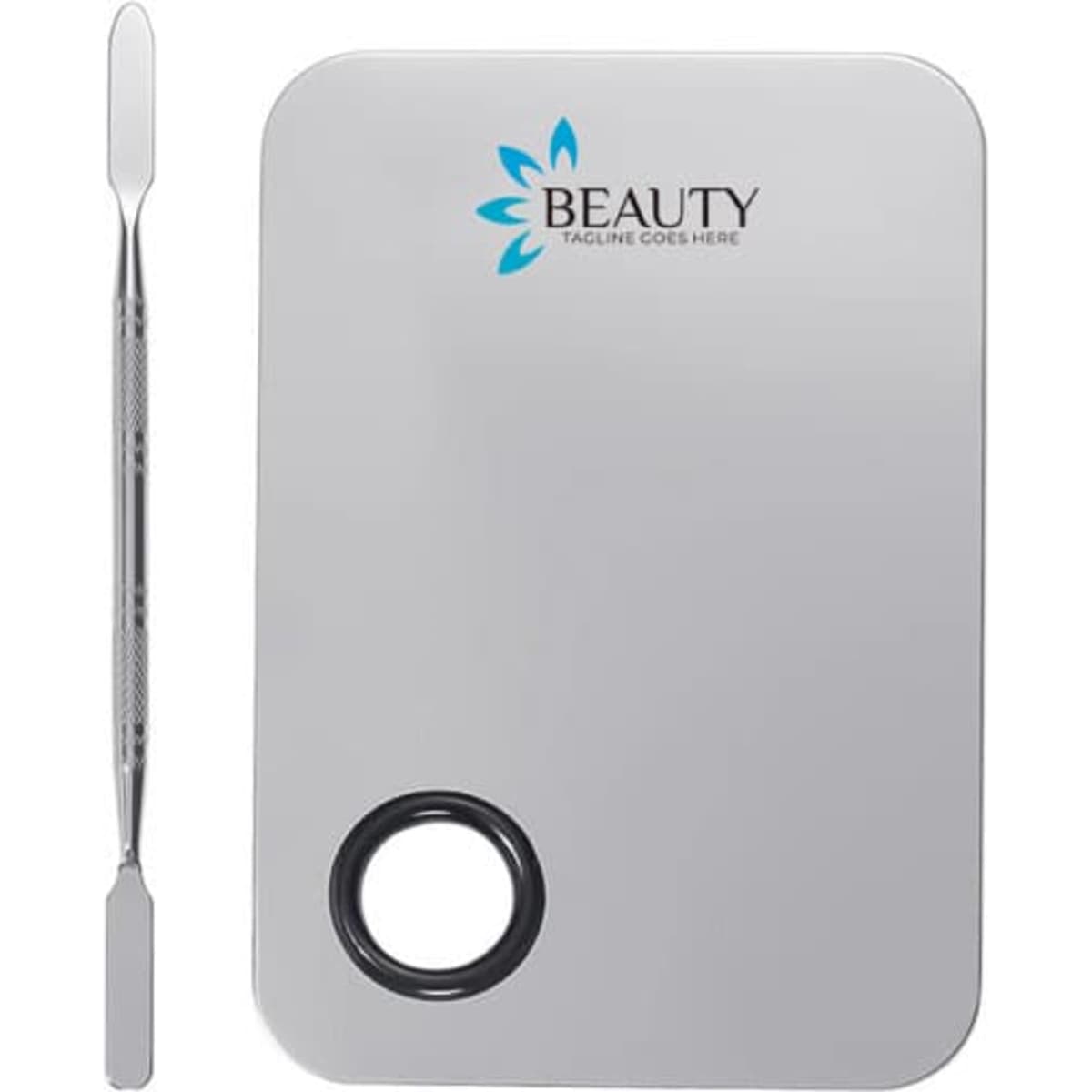 A stainless steel makeup palette set in silver, featuring a logo and a spatula for application.