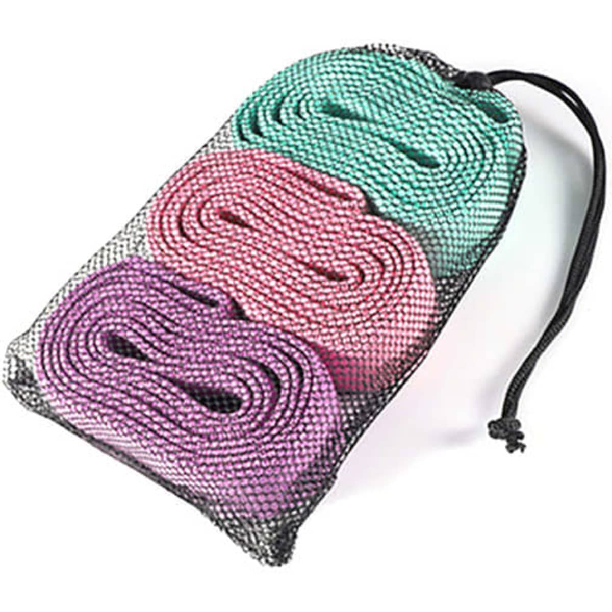 A mesh storage bag containing three polyester fitness resistance bands in pink, purple, and green.