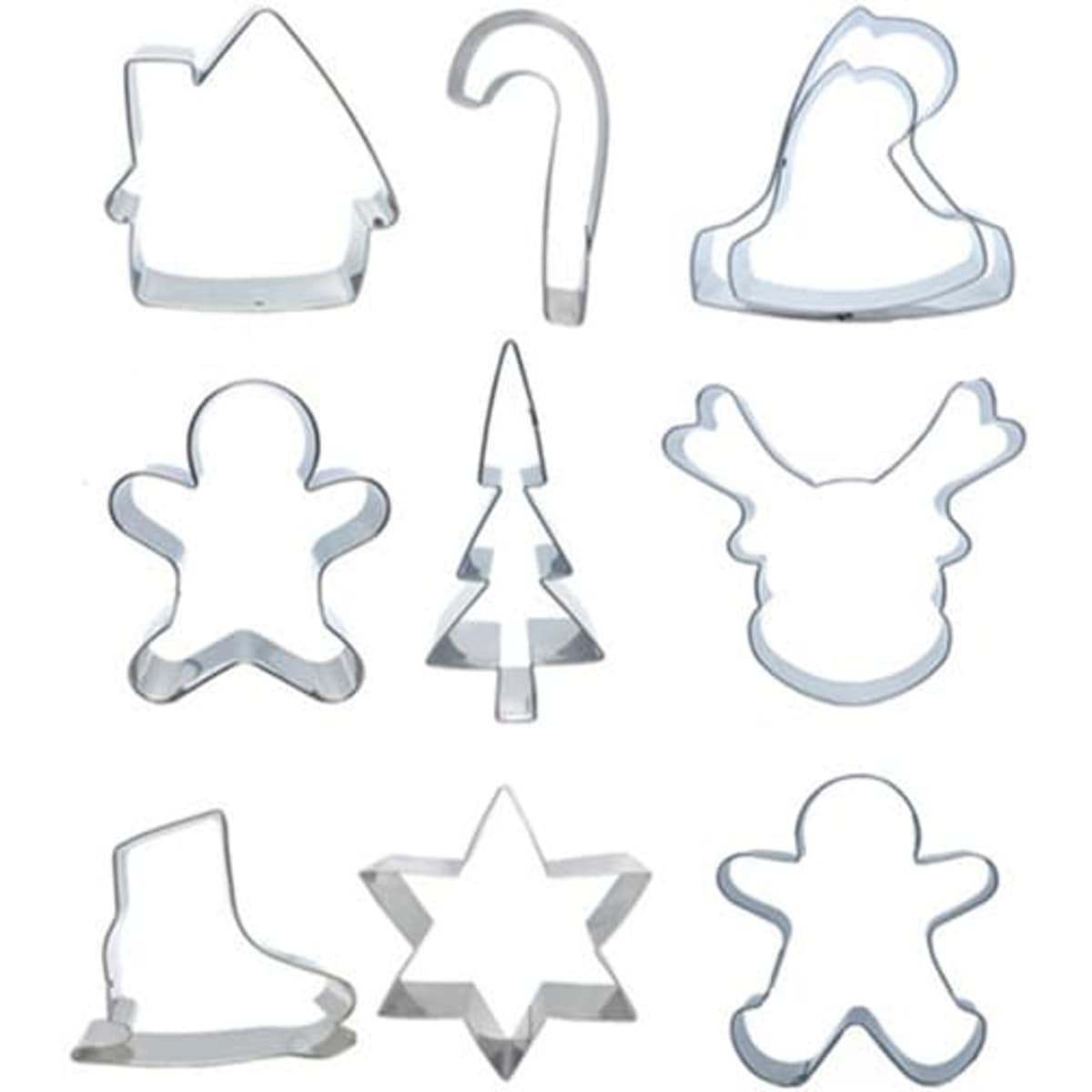 A set of nine custom shape stainless steel cookie cutters, featuring various festive designs in metallic silver.