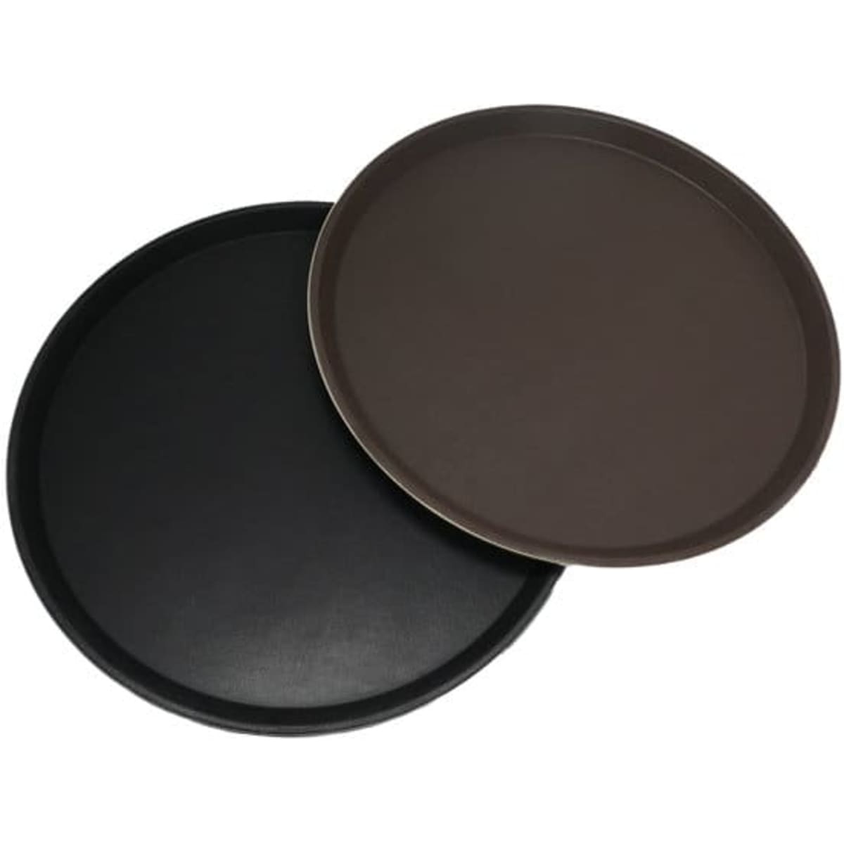 Two round non-slip serving trays in brown and black, featuring a smooth surface and an understated design.