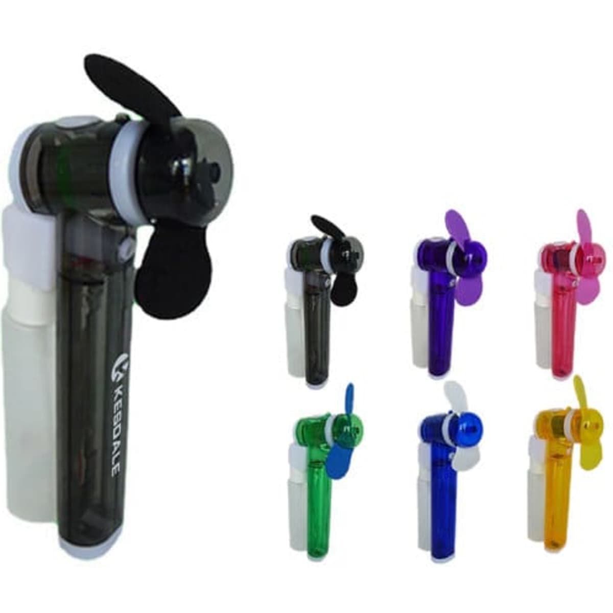 A mini spray bottle misting fan in various colours, featuring a small propeller and a logo.