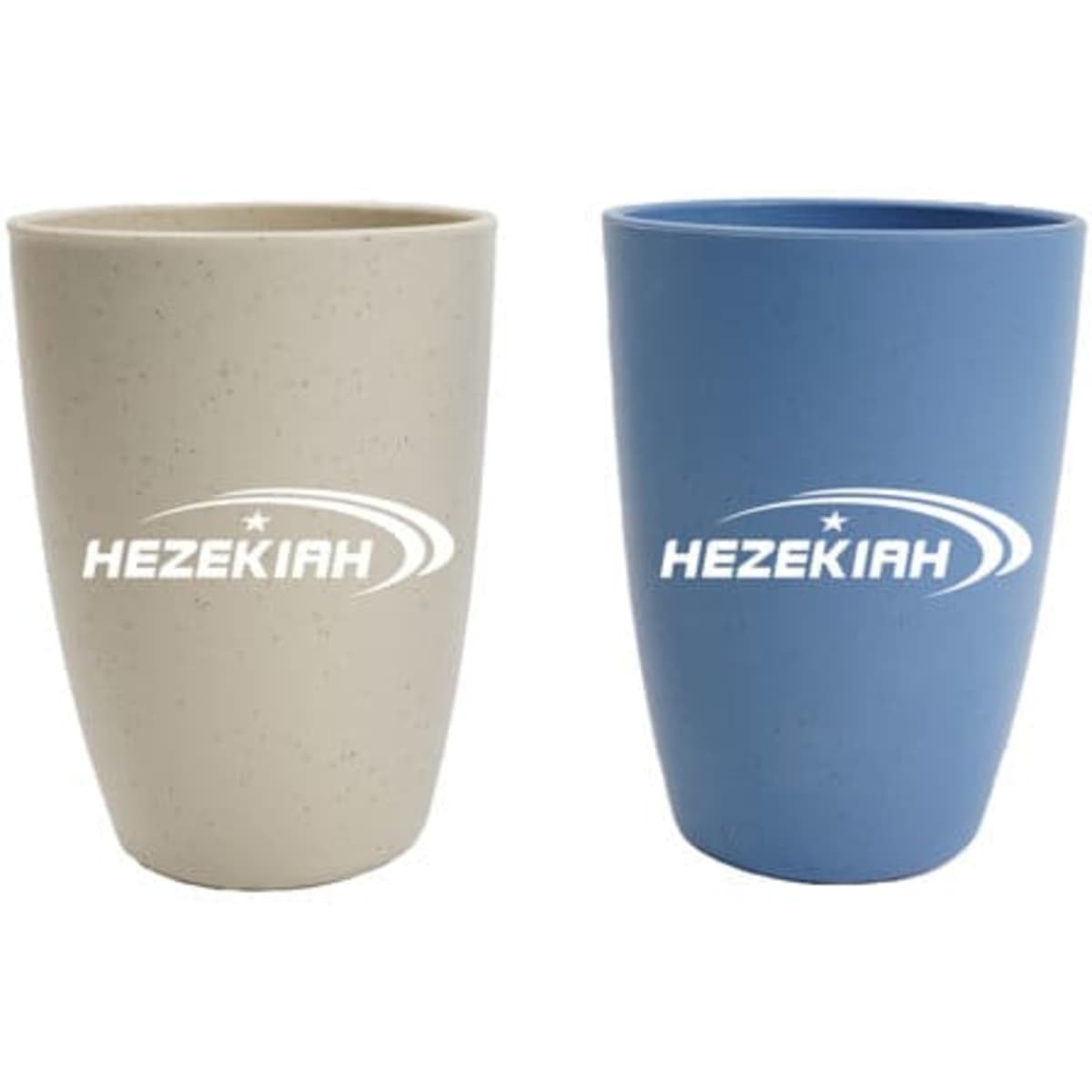A drink bottle featuring two wheat straw cups, one in beige and one in blue, both with a logo.