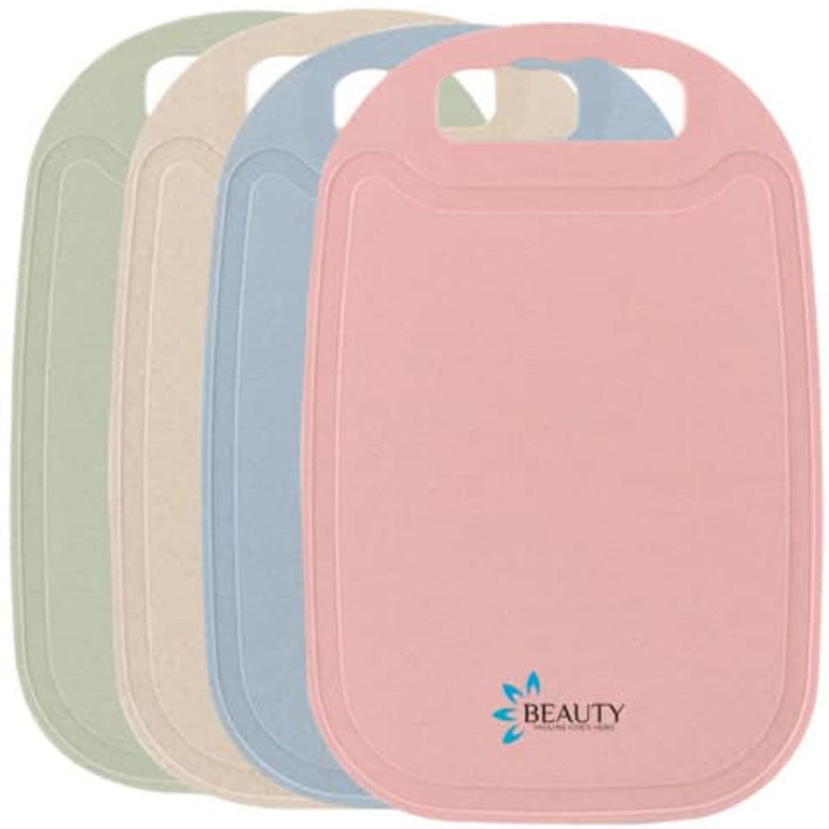 A set of four custom wheat straw cutting boards in pastel colours: pink, green, blue, and cream, featuring a logo.