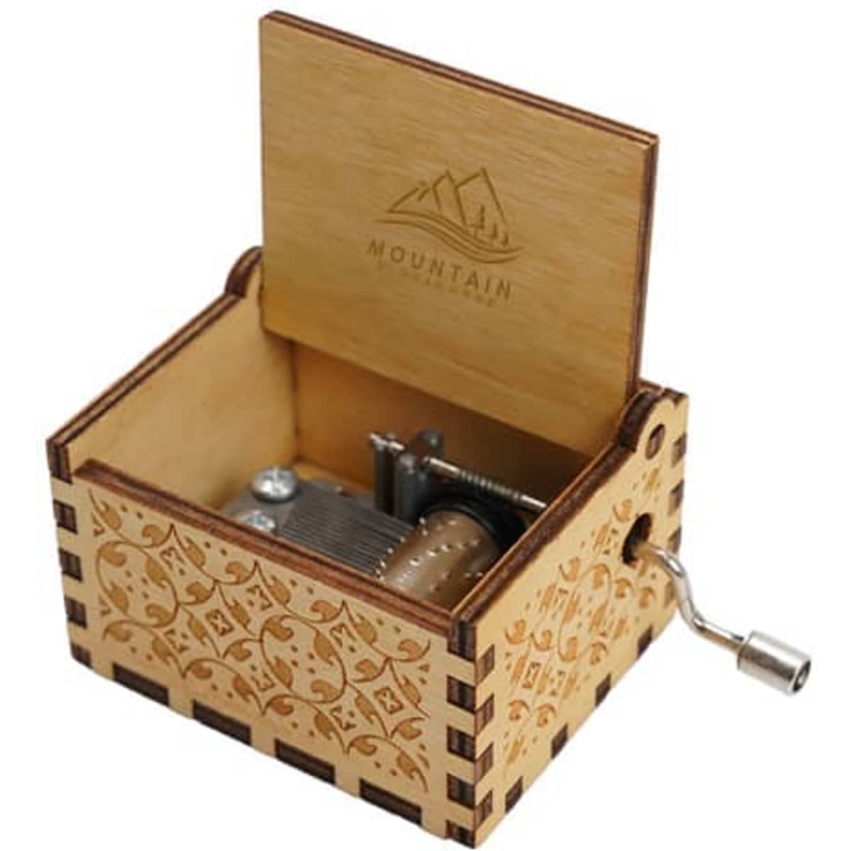 A wooden music box in natural wood tones, featuring intricate carvings and a metal winding handle.