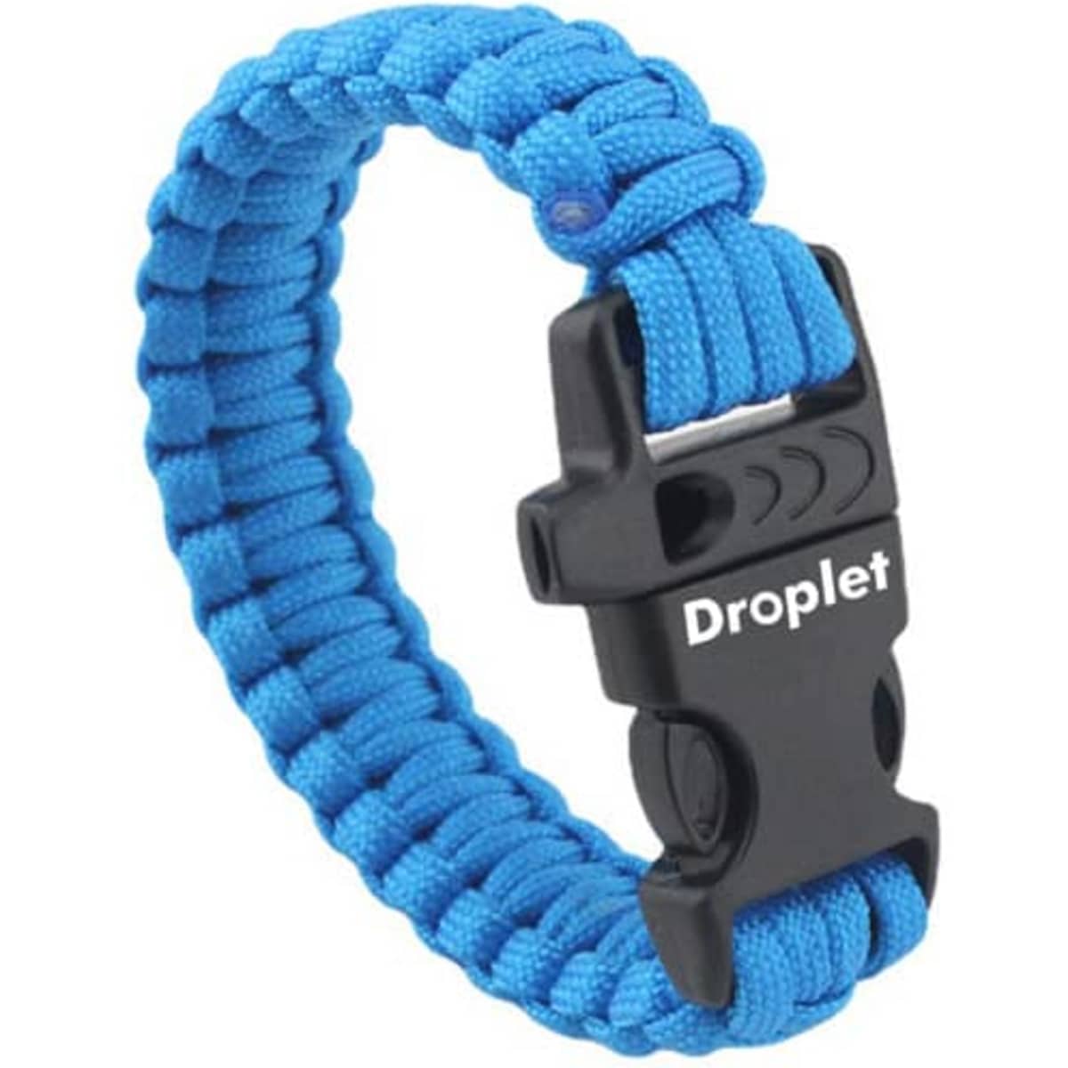A blue paracord survival bracelet with a black clasp, featuring a logo. Ideal for outdoor activities.