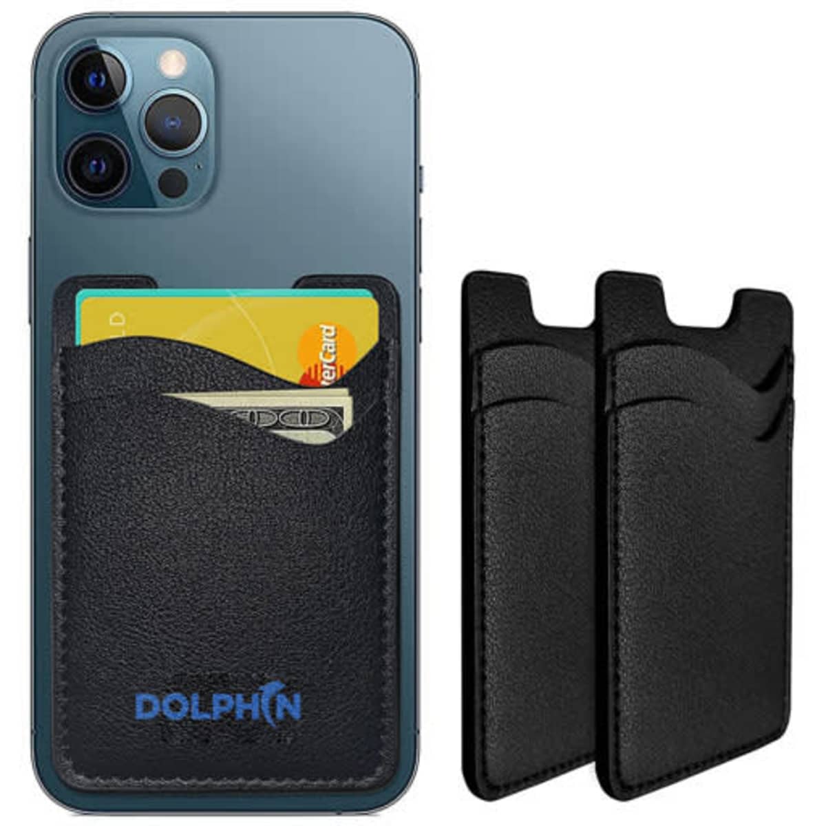 A black PU leather double-layer adhesive card holder attached to a phone, featuring a card and cash inside. It includes branding.