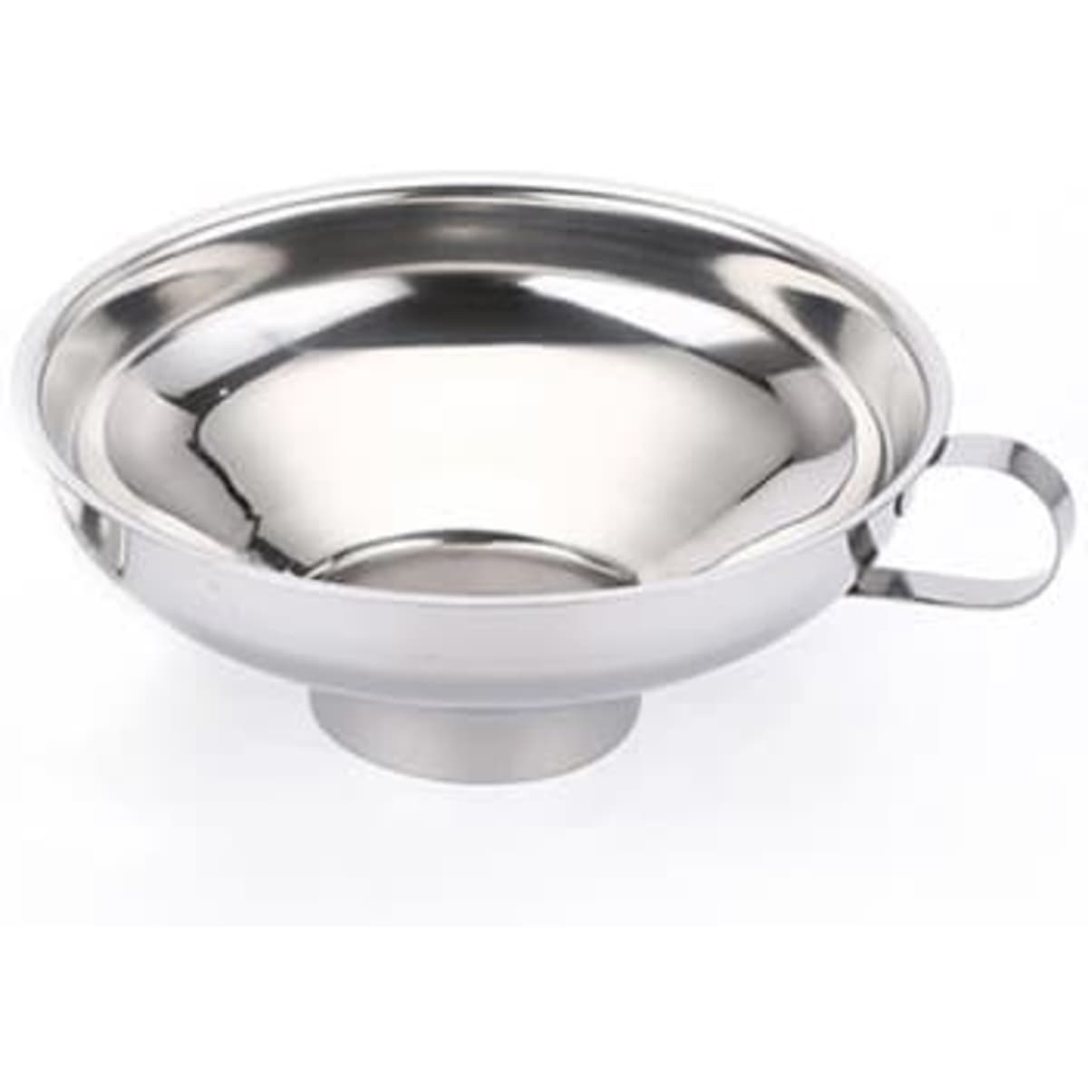 A stainless steel wide mouth funnel with a handle, featuring a polished finish and a sturdy base.
