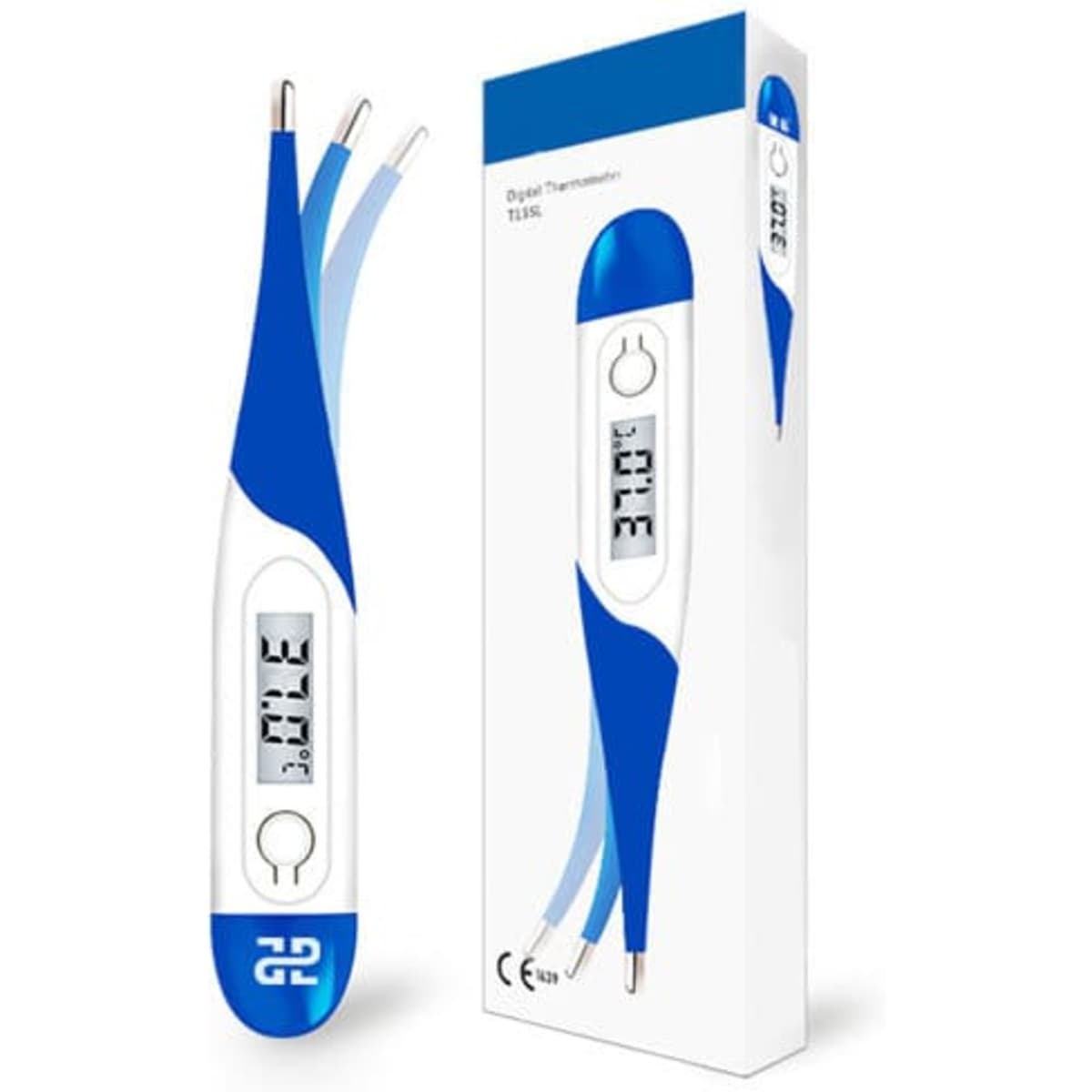 A digital oral thermometer featuring a blue and white design, displayed alongside its packaging.