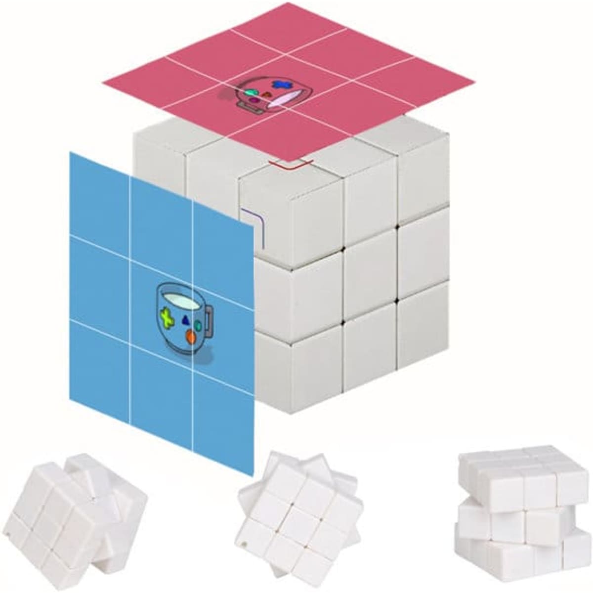 A colourful customizable Rubik's Cube features various designs, with a white base and illustrations on the sides.