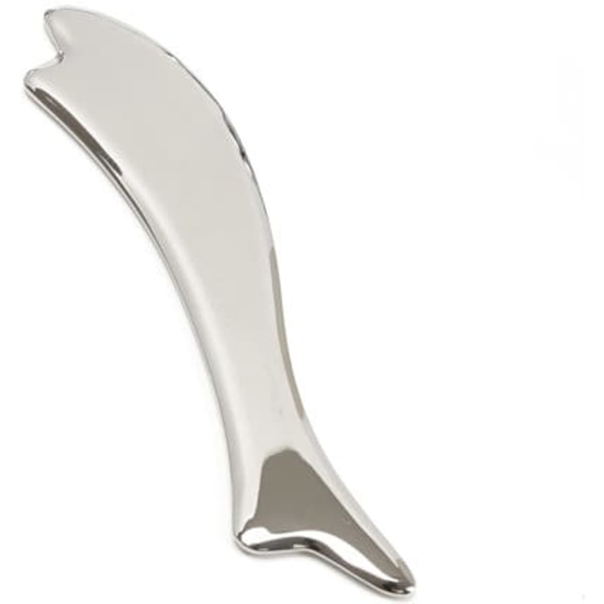 A fish-shaped metal Gua Sha massage tool with a shiny silver finish, ideal for health and personal care.