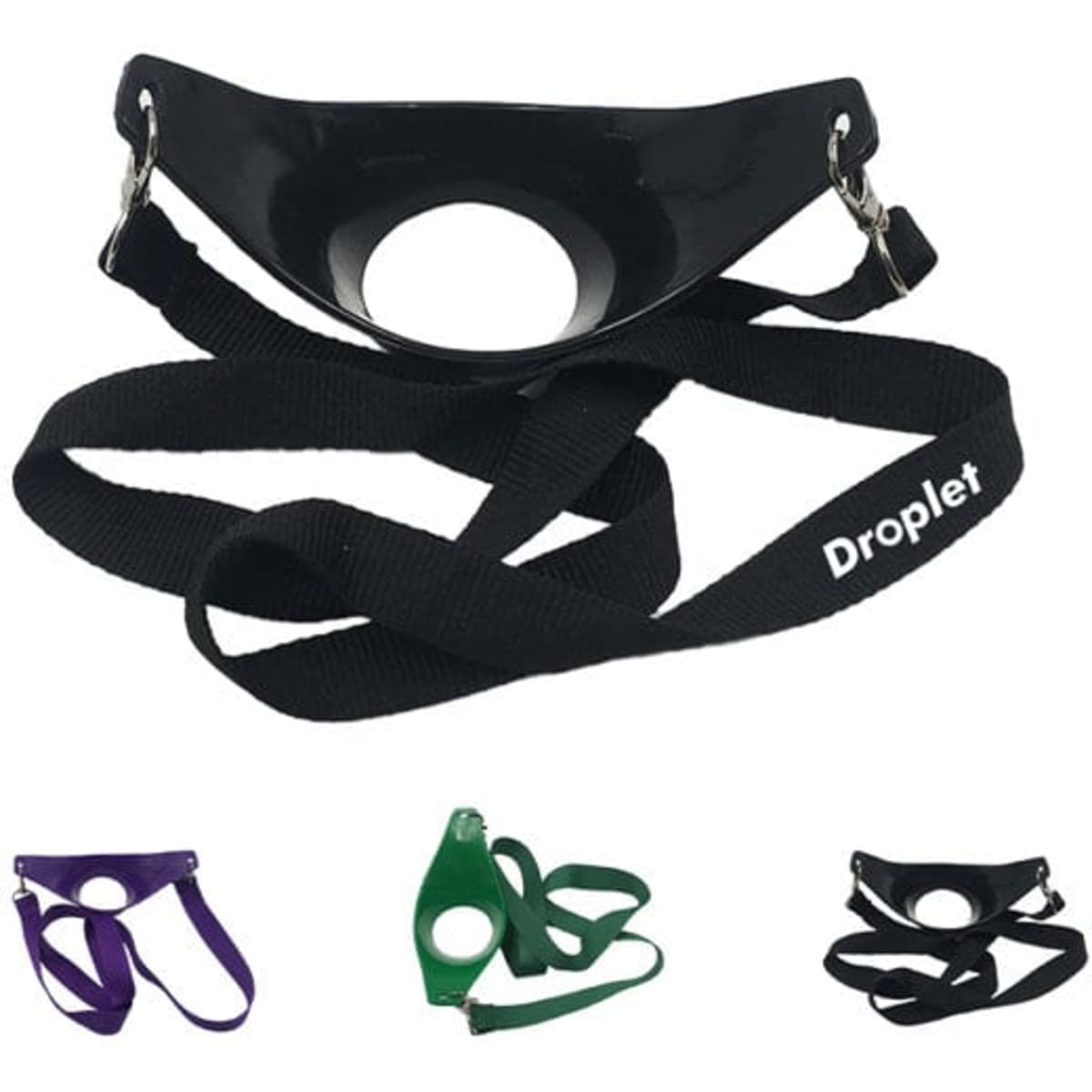 A black wine glass holder with a lanyard, featuring multiple colour options including green and purple.