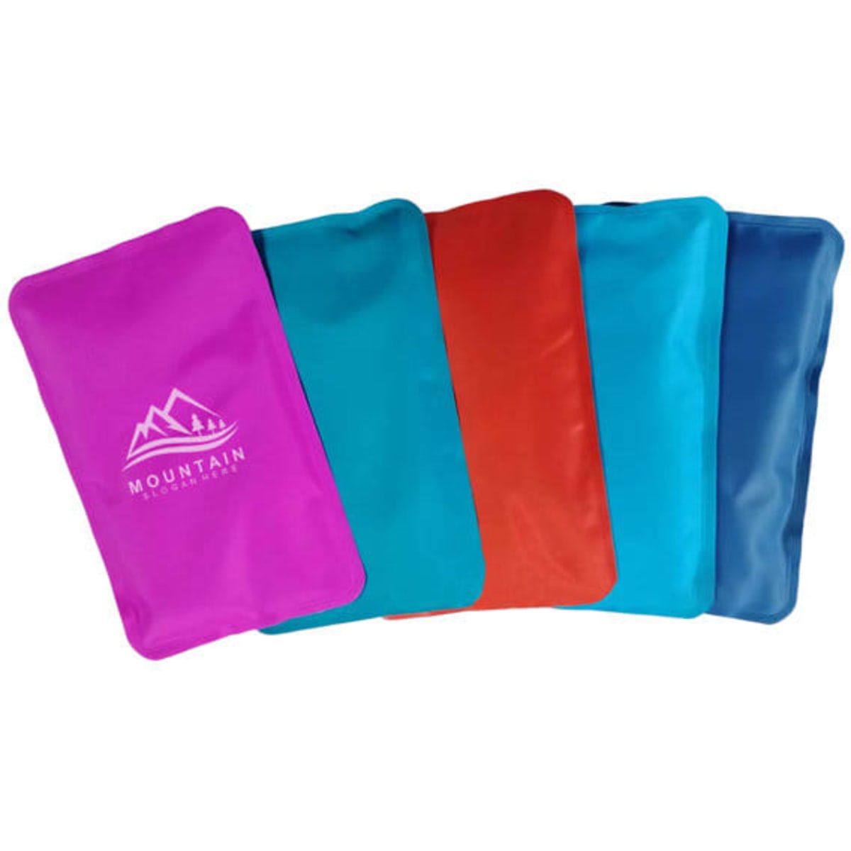 A set of five rectangular reusable ice packs in pink, red, teal, and blue, with a logo on one pack.