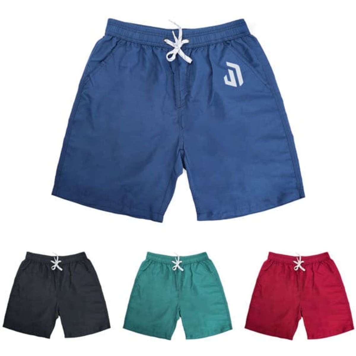 Men's quick dry beach shorts in blue, with additional colours in black, teal, and red. Features a logo on the front.