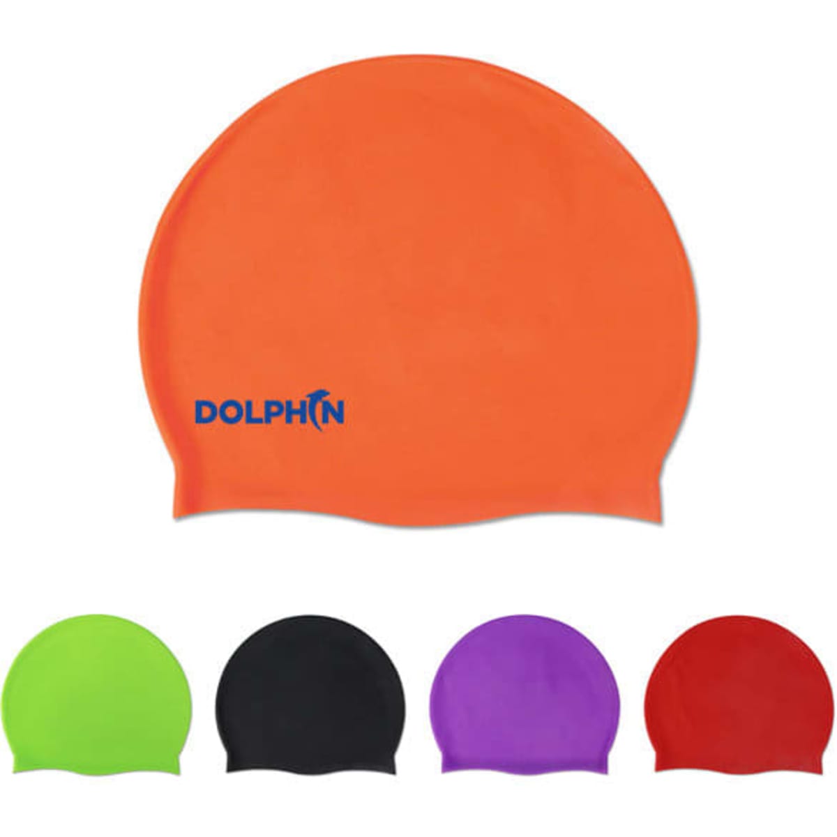 An orange silicone swimming cap featuring a logo, with additional caps in green, black, purple, and blue below.