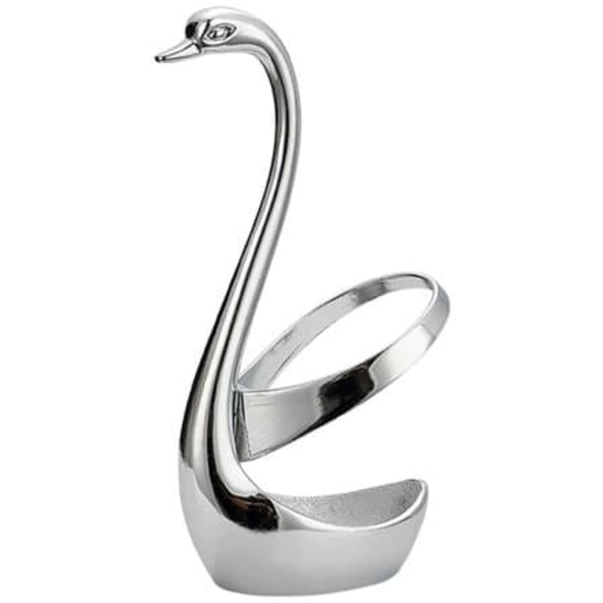 A silver metal swan base holder designed to organise cutlery, featuring a sleek and elegant shape.