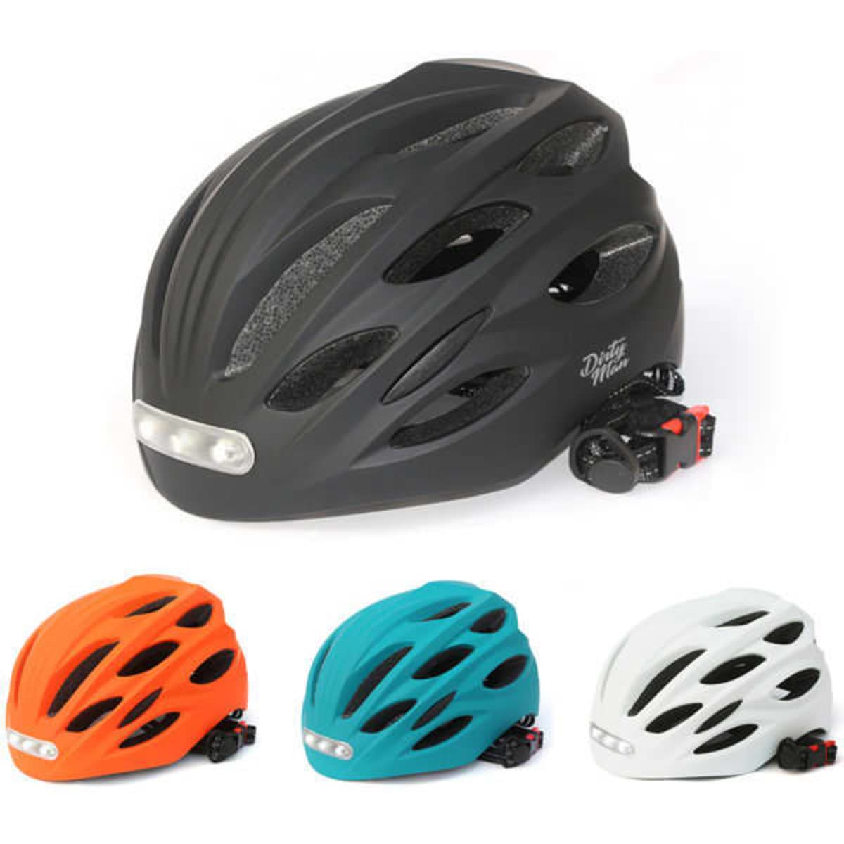 A cycling helmet in black, orange, teal, and white, featuring front and rear lights and a logo.