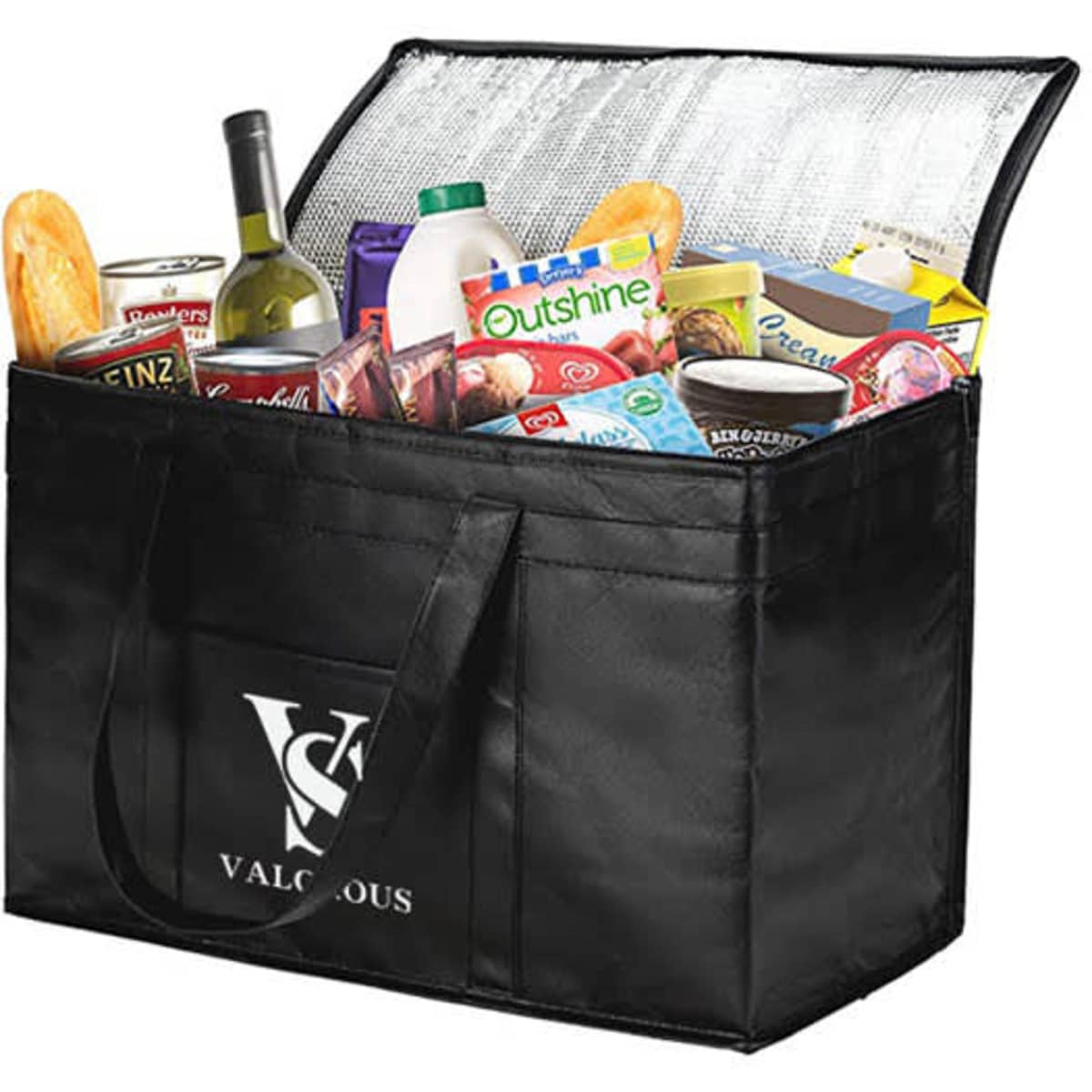 A black insulated bag filled with food items like drinks, groceries, and snacks, featuring a logo on the side.