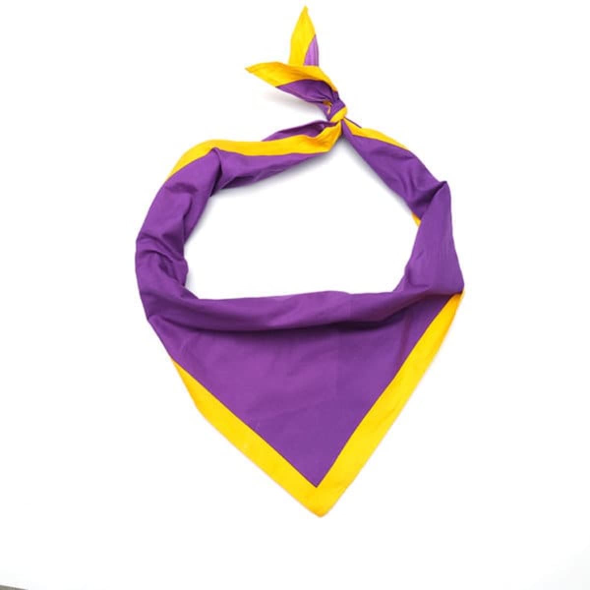 A purple bandana with a yellow trim, featuring a tied triangle shape and a logo.