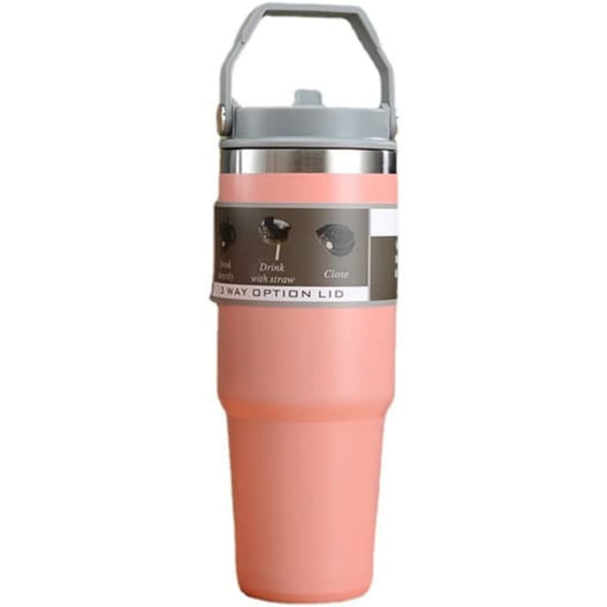 A drink bottle with a handle in a soft pink colour, featuring a lid with multiple drinking options and a logo.