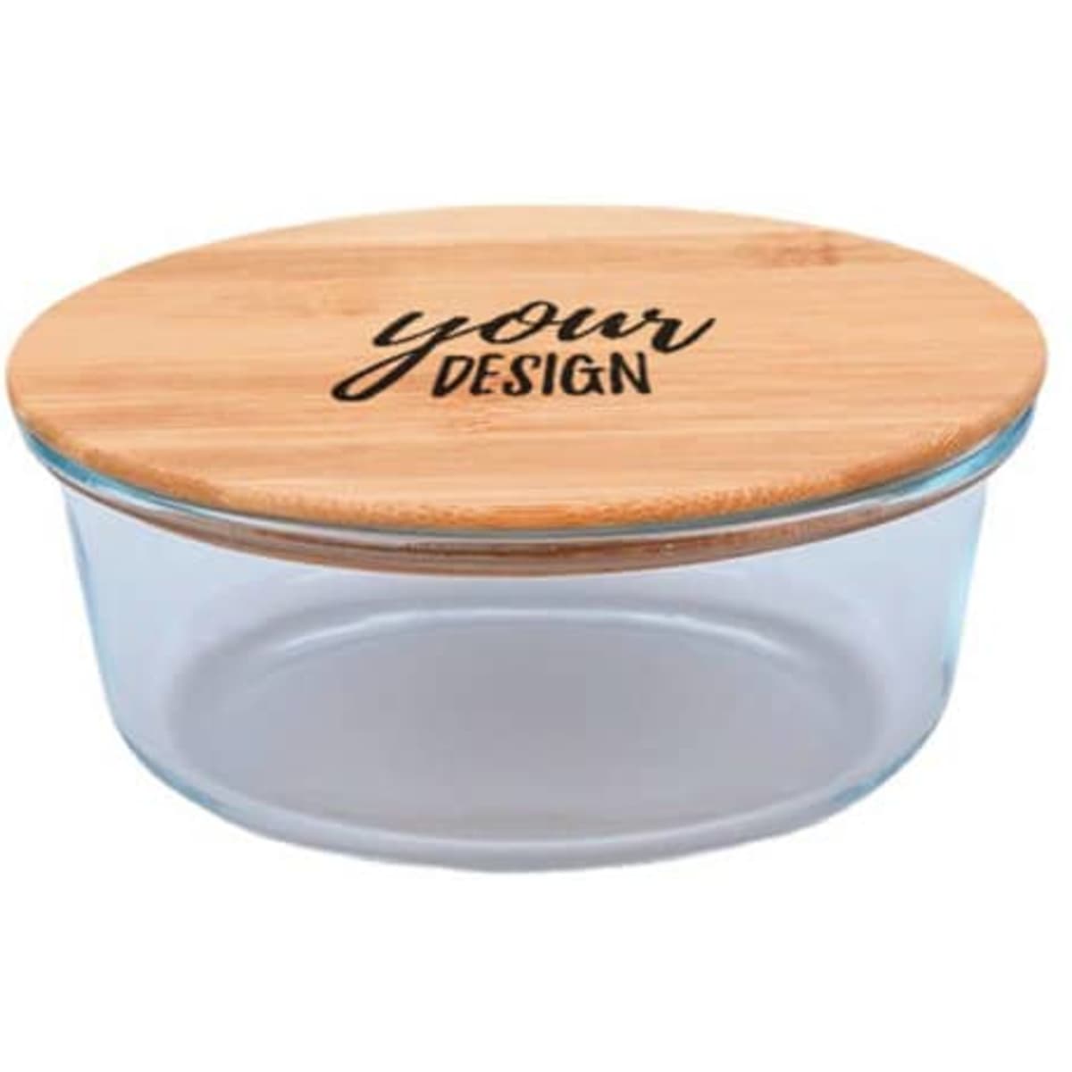 A borosilicate glass lunch box with a transparent body and a wooden lid, featuring a logo.