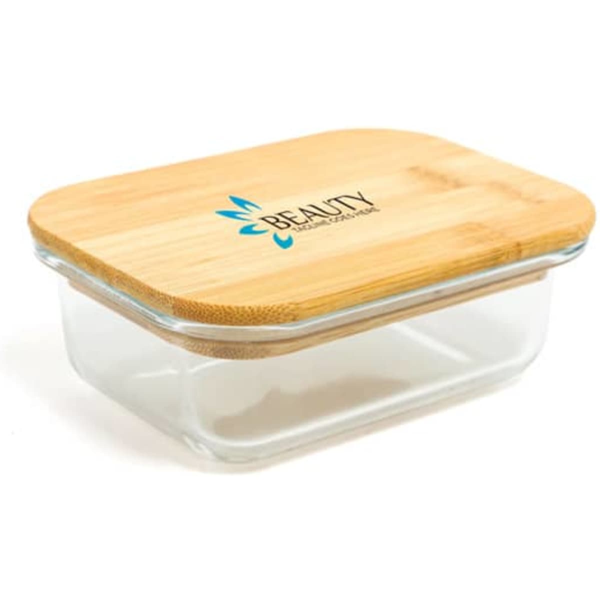 A square borosilicate glass lunch box with a bamboo lid and a logo on the lid. Clear glass and natural wood colours.