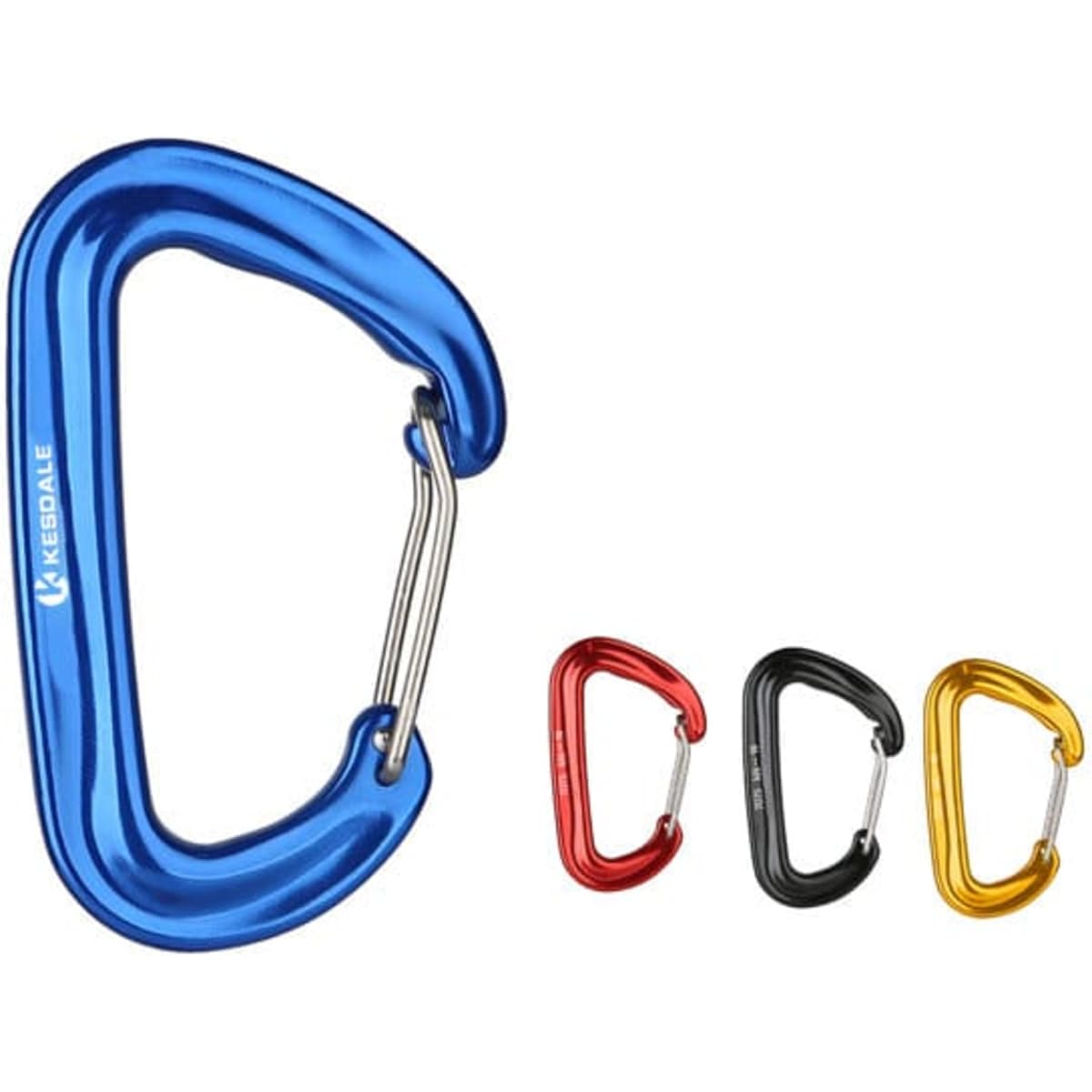 A selection of carabiner hooks in blue, red, black, and gold, featuring a logo on each.