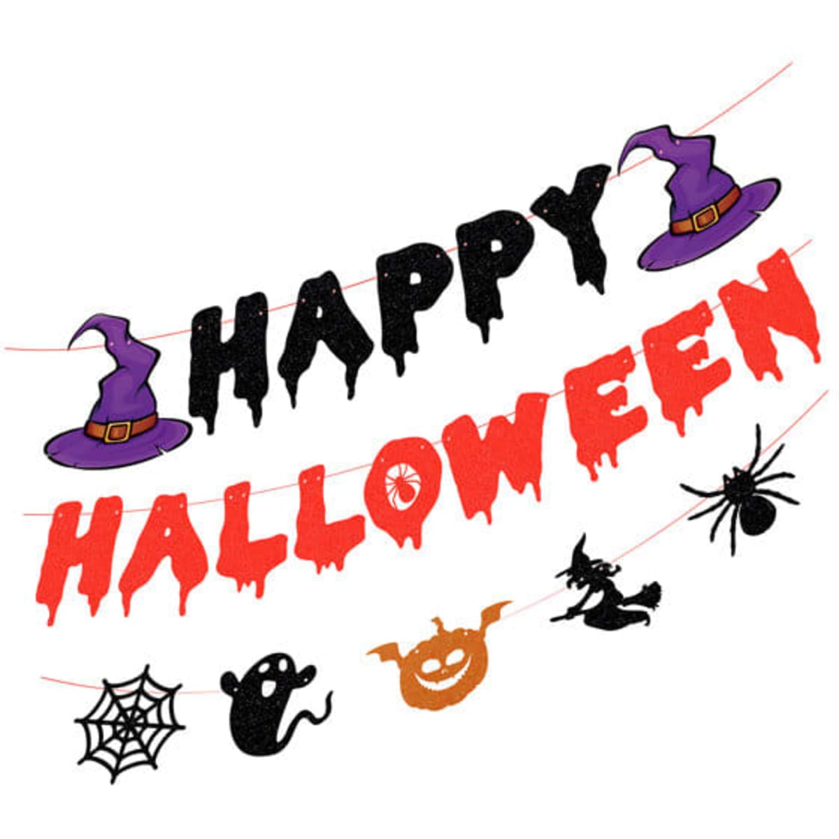 A Halloween decoration banner featuring black and red letters, purple witch hats, and spooky motifs like a spider, ghost, and pumpkin.