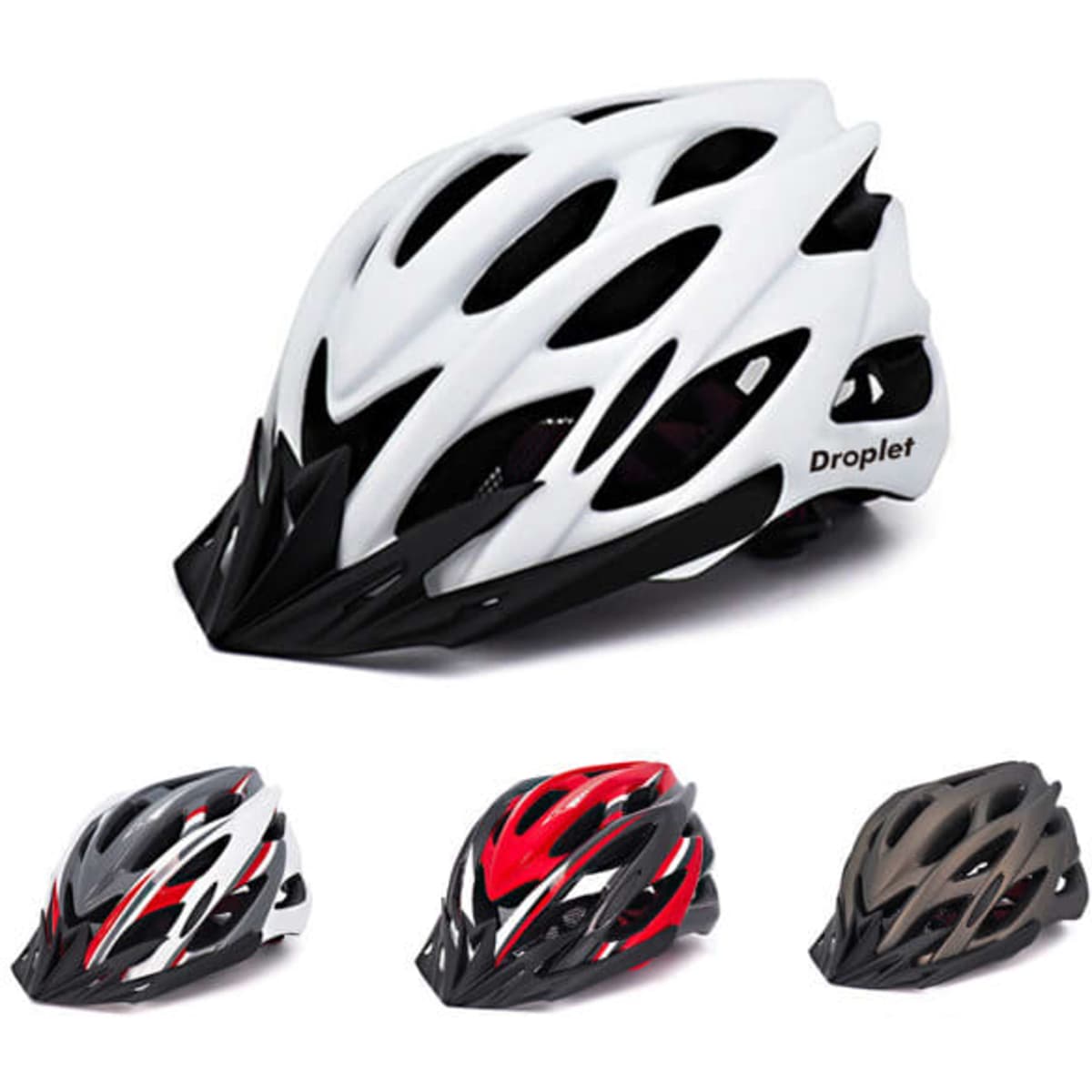 A bicycle helmet with a detachable visor and tail light, available in white, black, red, and grey.