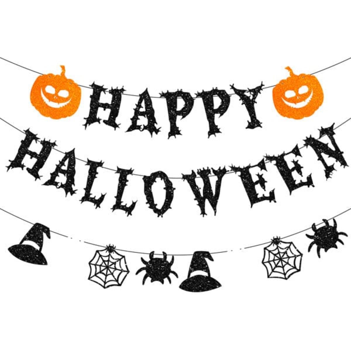 A Halloween party decoration banner featuring black letters with orange pumpkins, spiders, and hats.