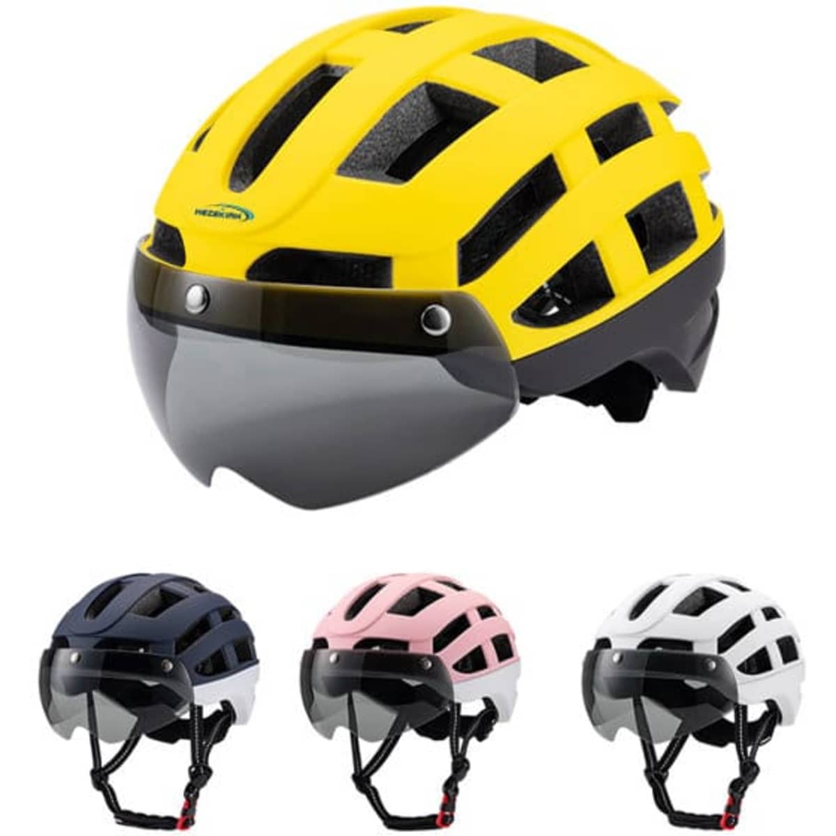 A yellow cycling helmet with goggles, featuring a sleek design. Three additional helmets in navy, pink, and white are shown.