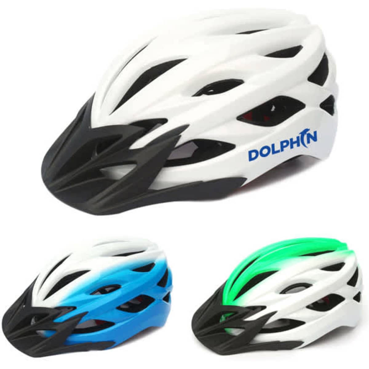 A white, black, and blue bike helmet with a detachable visor and logo, featuring a sleek aerodynamic design.
