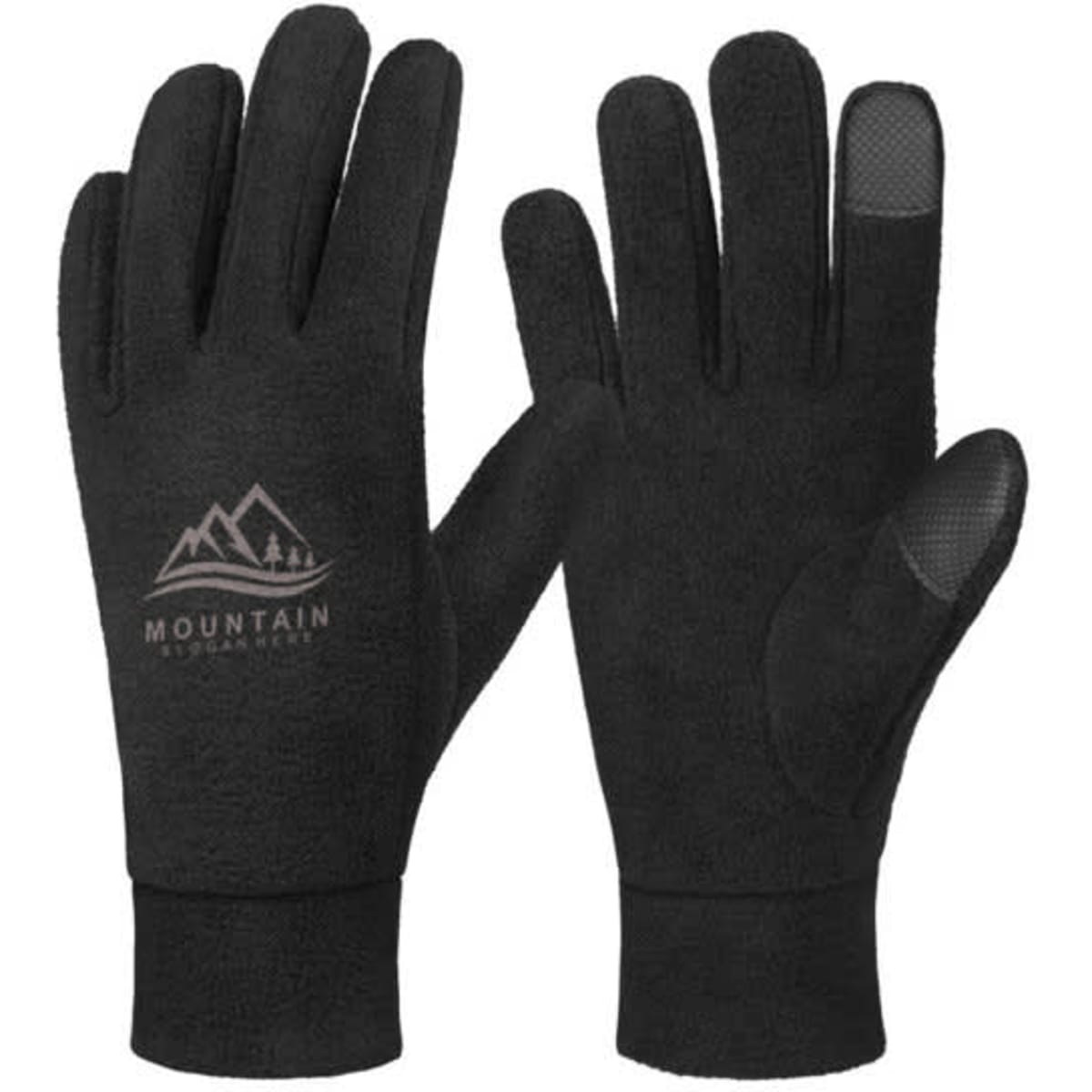 Polar fleece gloves in black with a logo, featuring touch screen compatible fingertips.