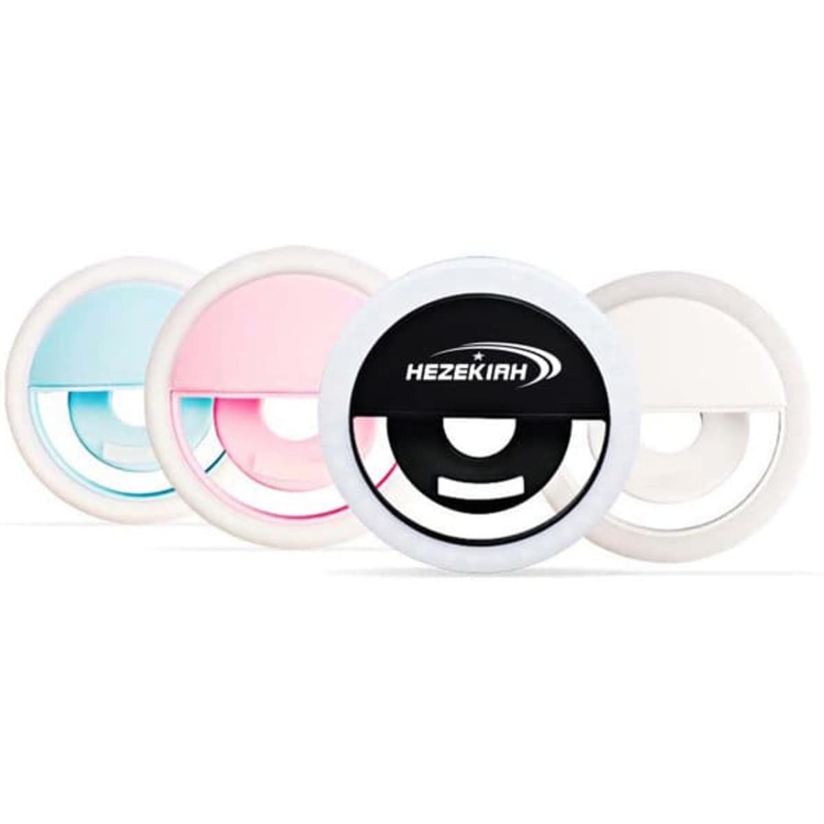 A set of four round mini phone LED fill lights in blue, pink, white, and black, featuring a logo on one.