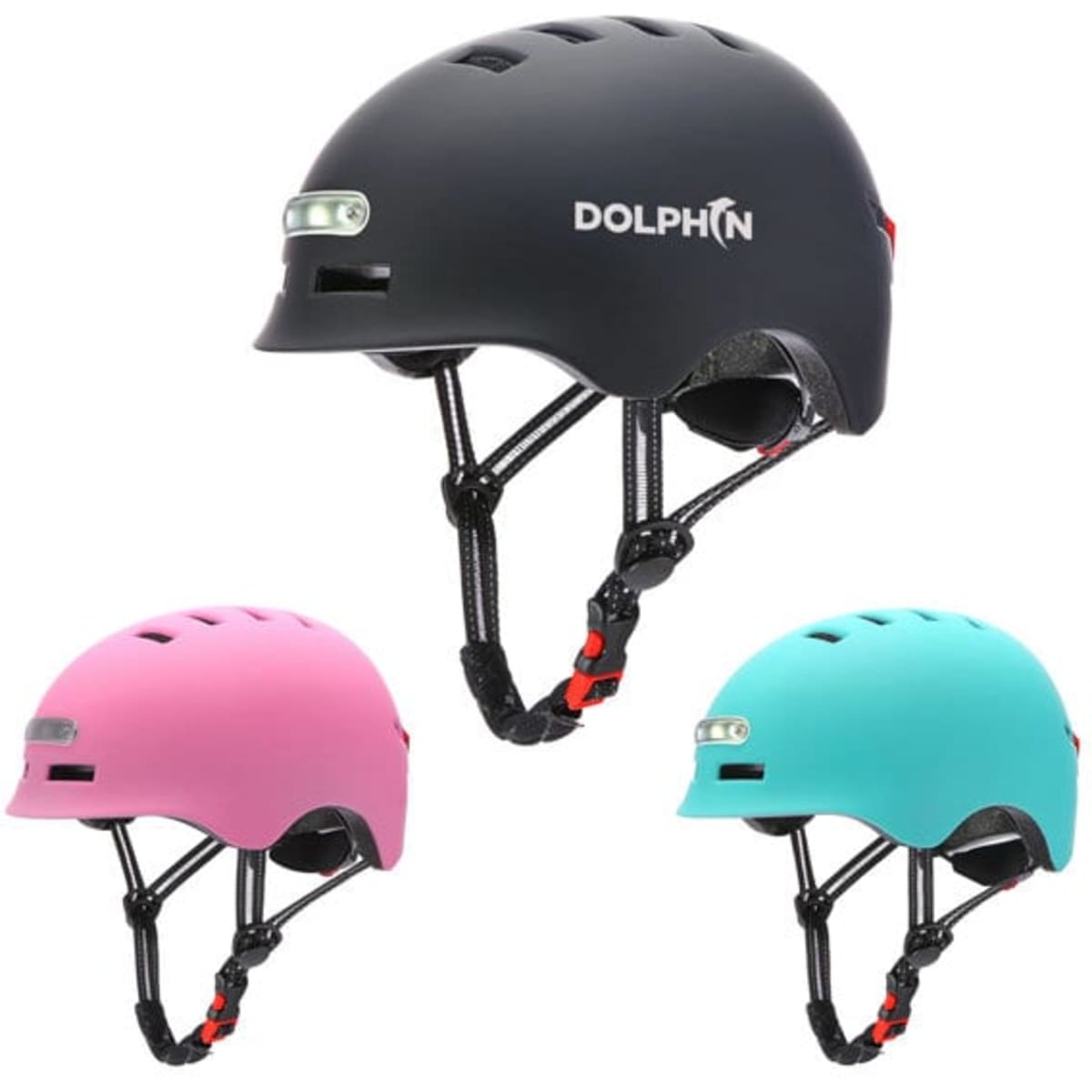 A set of three bike helmets in black, pink, and teal, each featuring a front warning light and a logo.